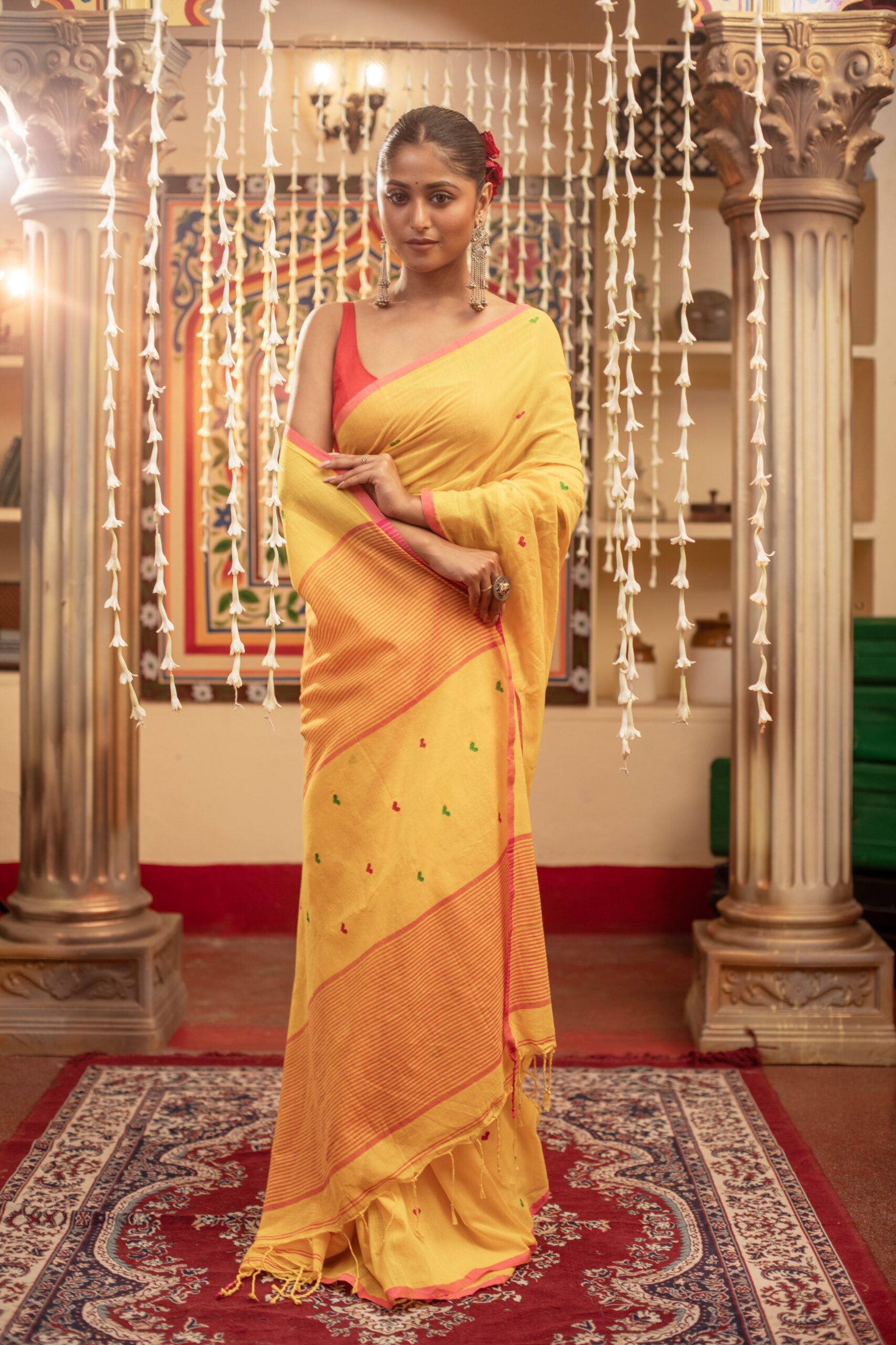 Vibrant Yellow Handloom Cotton Jamdani Saree with Red & Green Motifs | Sutayan
