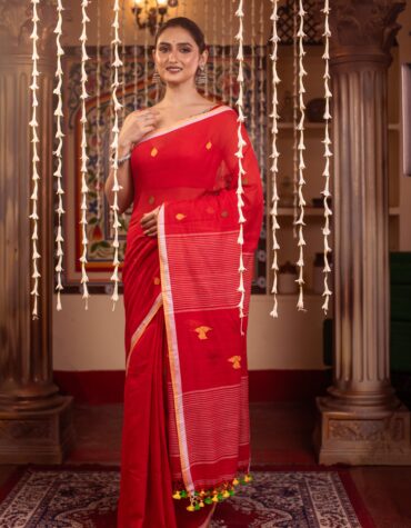 Vibrant Red Handloom Cotton Jamdani Saree | Direct From Loom | Sutayan