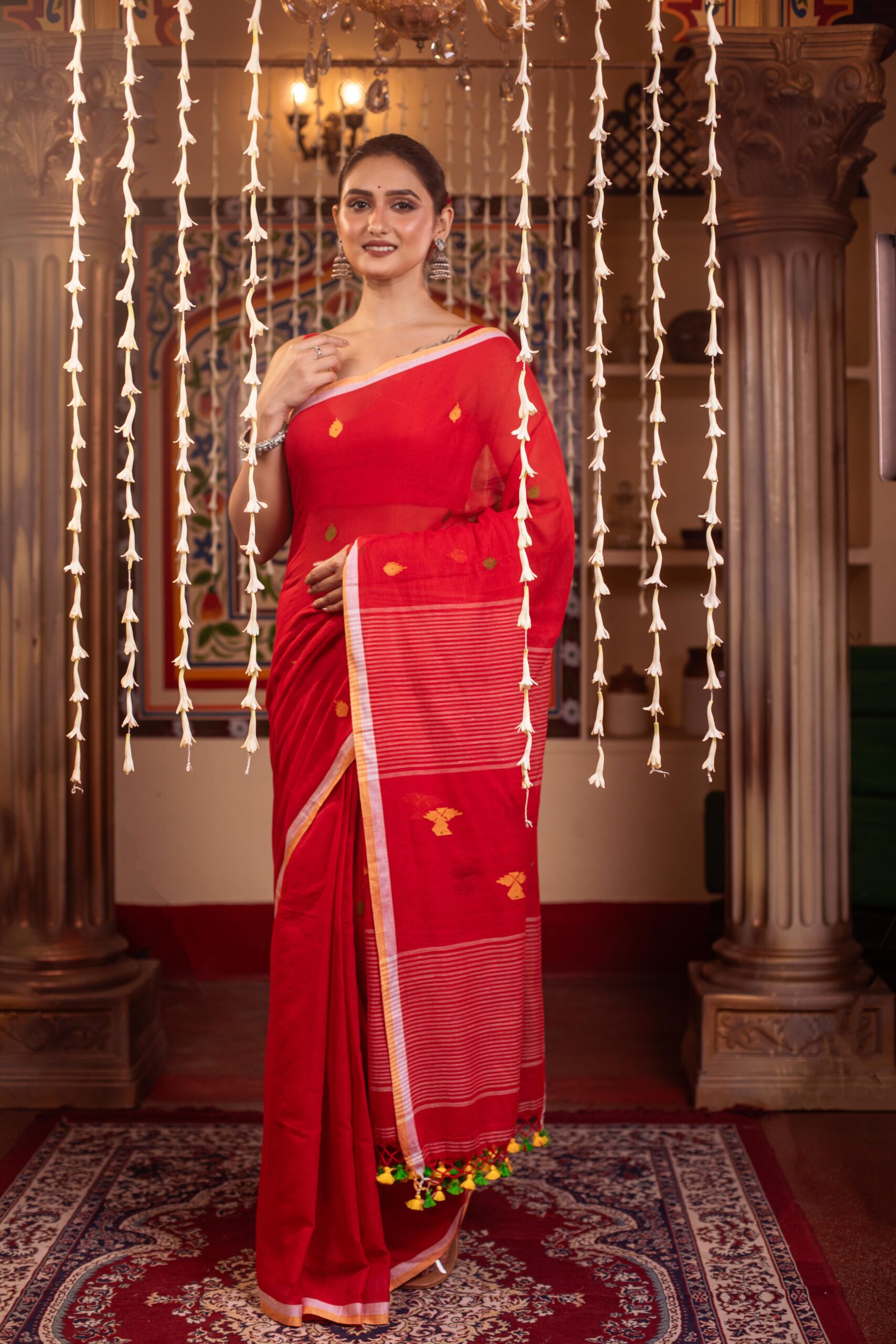 Vibrant Red Handloom Cotton Jamdani Saree | Direct From Loom | Sutayan