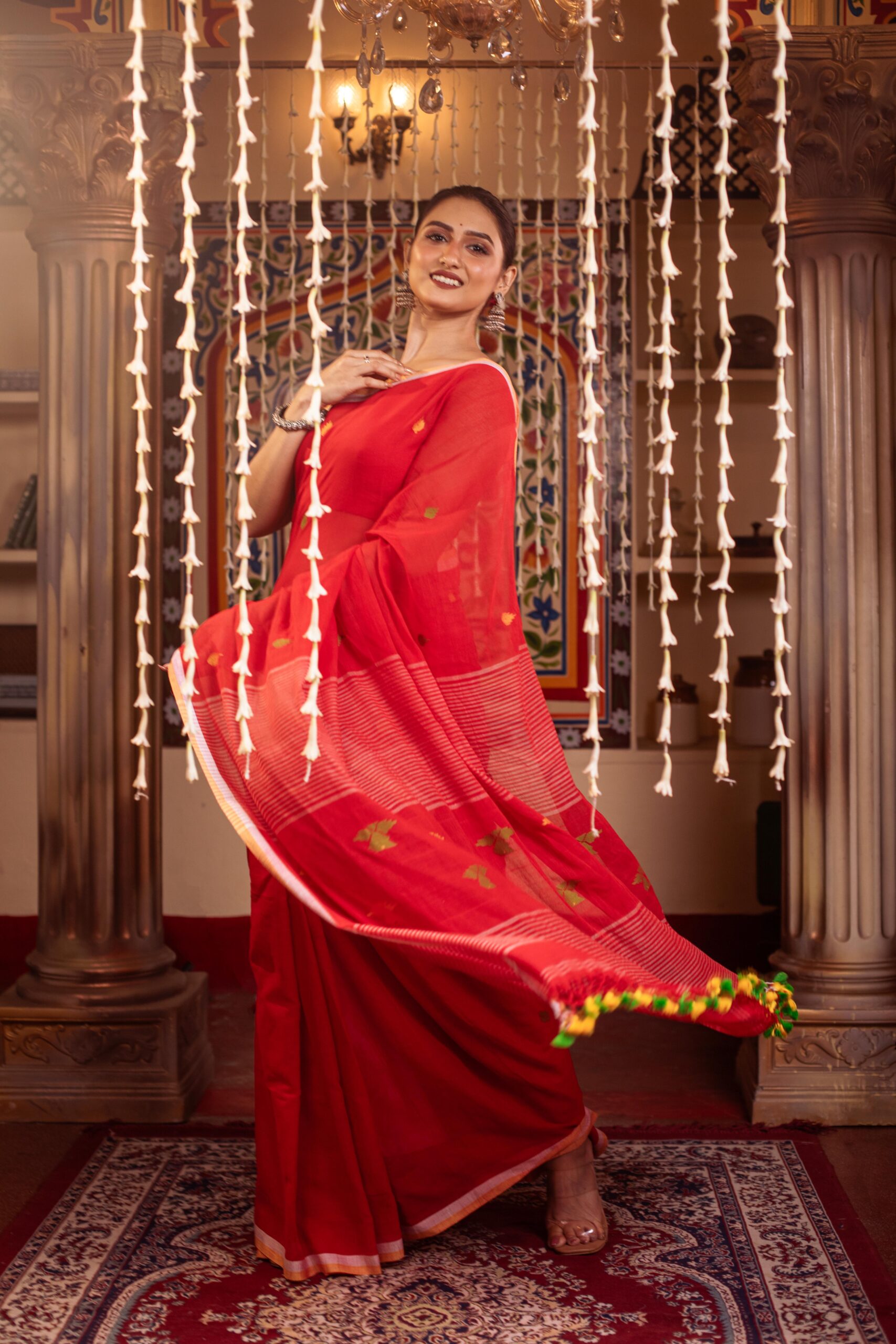 Vibrant Red Handloom Cotton Jamdani Saree | Direct From Loom | Sutayan