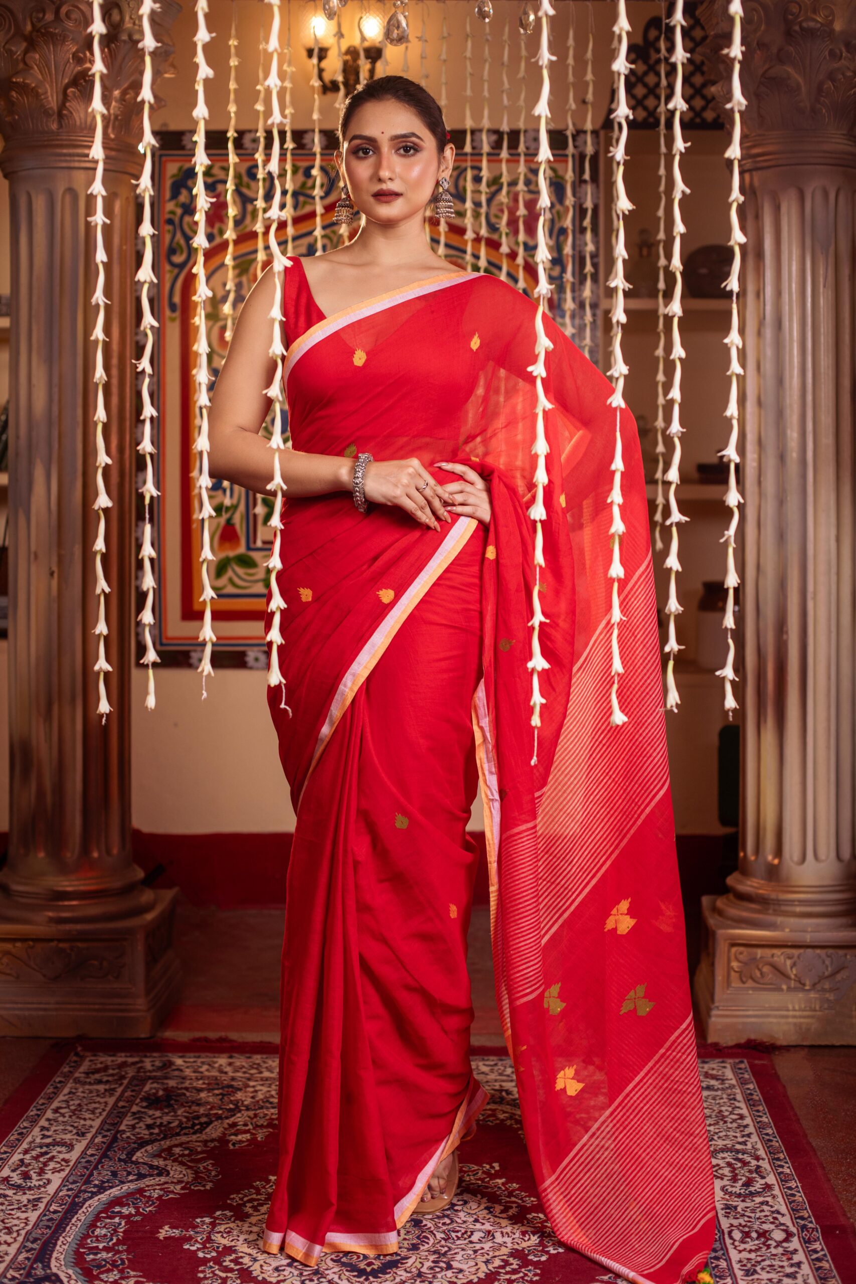 Vibrant Red Handloom Cotton Jamdani Saree | Direct From Loom | Sutayan