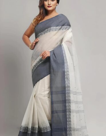 Authentic Phulia Handloom Off-White Cotton Tant Saree with Dark Grey Border | Sutayan