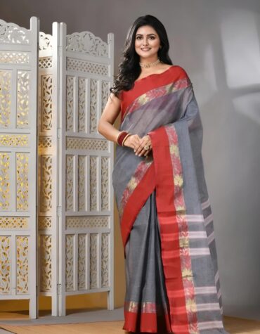 Authentic Phulia Handloom Grey Cotton Tant Saree with Red Floral Border | Sutayan