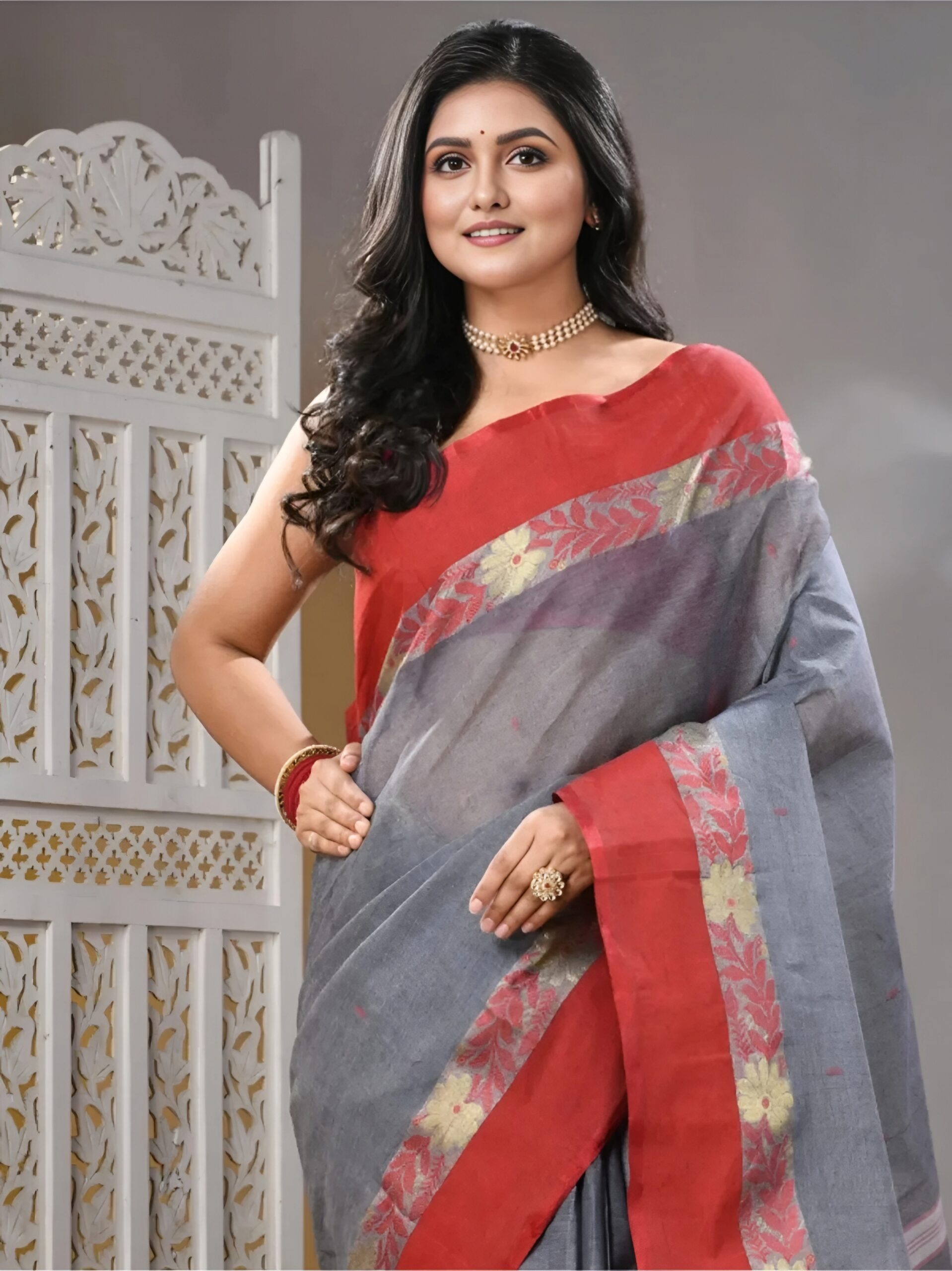 Authentic Phulia Handloom Grey Cotton Tant Saree with Red Floral Border | Sutayan
