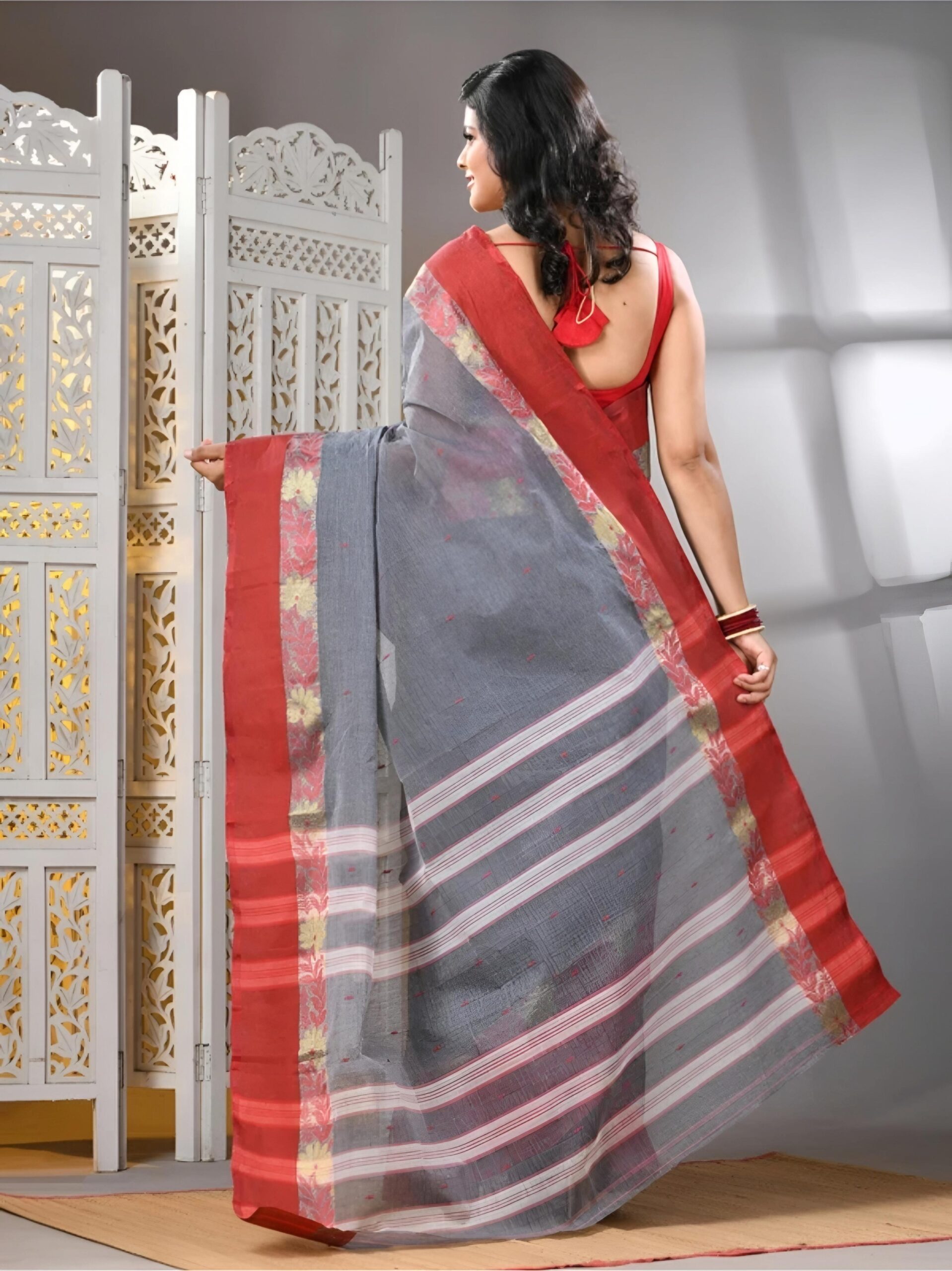 Authentic Phulia Handloom Grey Cotton Tant Saree with Red Floral Border | Sutayan