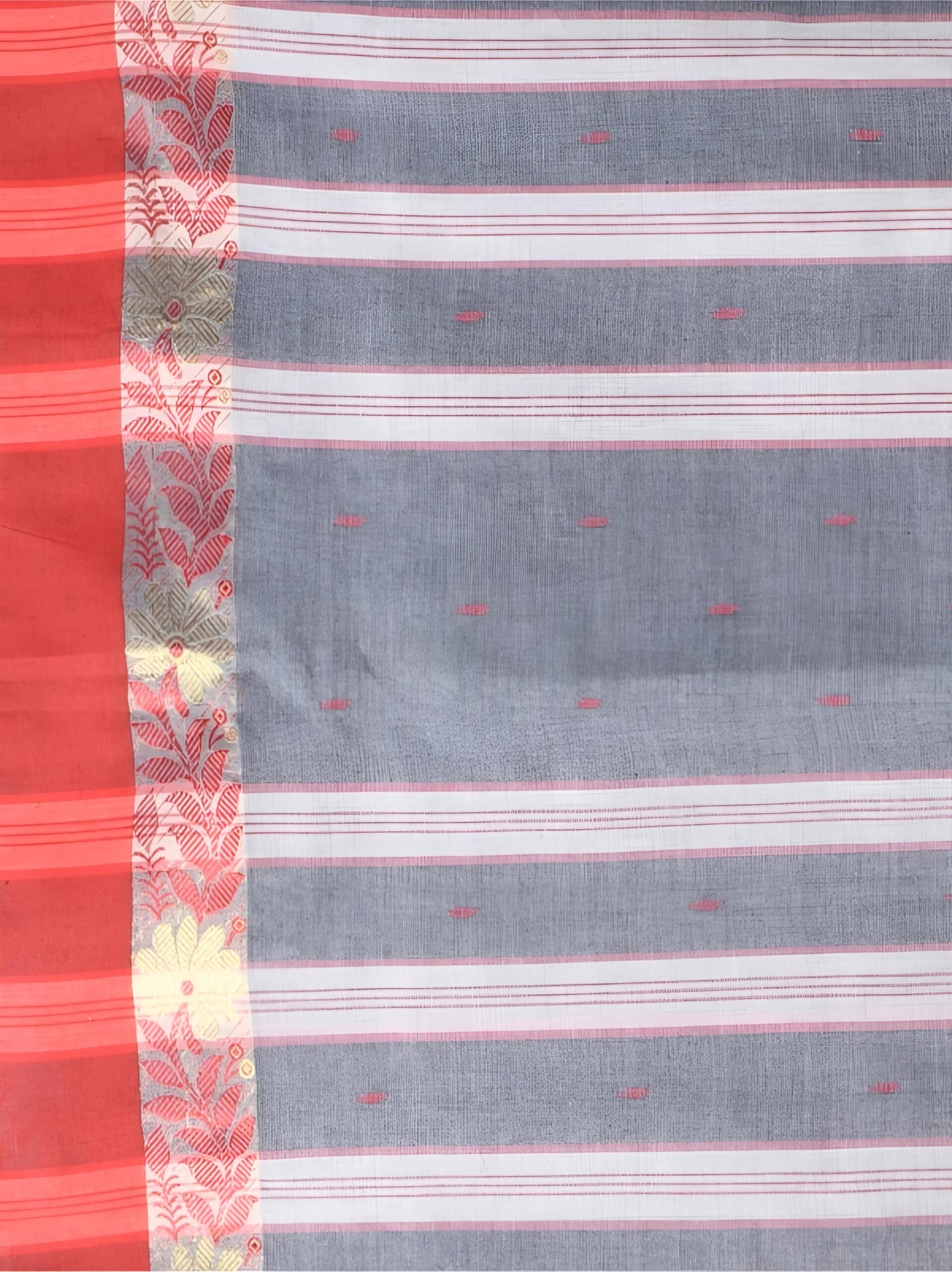 Authentic Phulia Handloom Grey Cotton Tant Saree with Red Floral Border | Sutayan