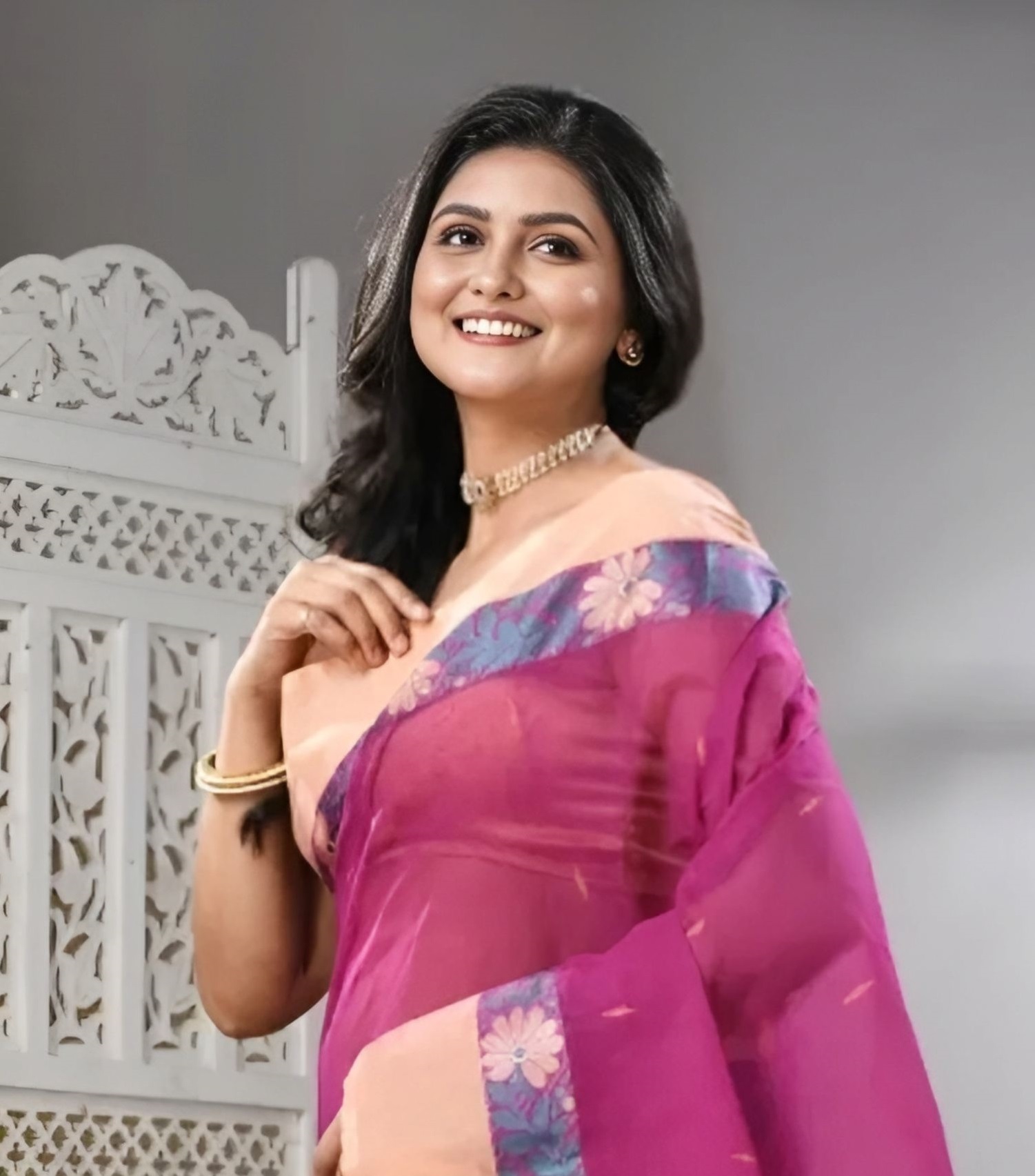 Authentic Phulia Handloom Magenta Tant Cotton Saree with Peach Floral Border | Sutayan