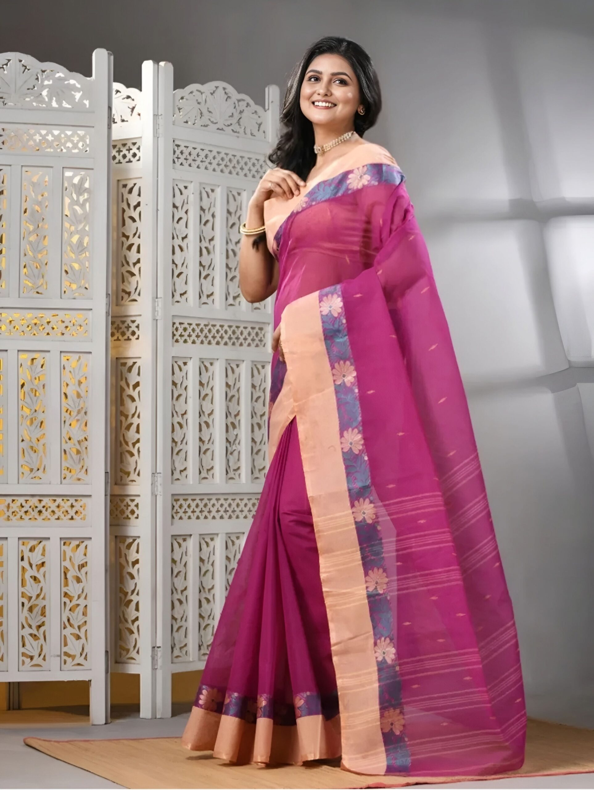 Authentic Phulia Handloom Magenta Tant Cotton Saree with Peach Floral Border | Sutayan