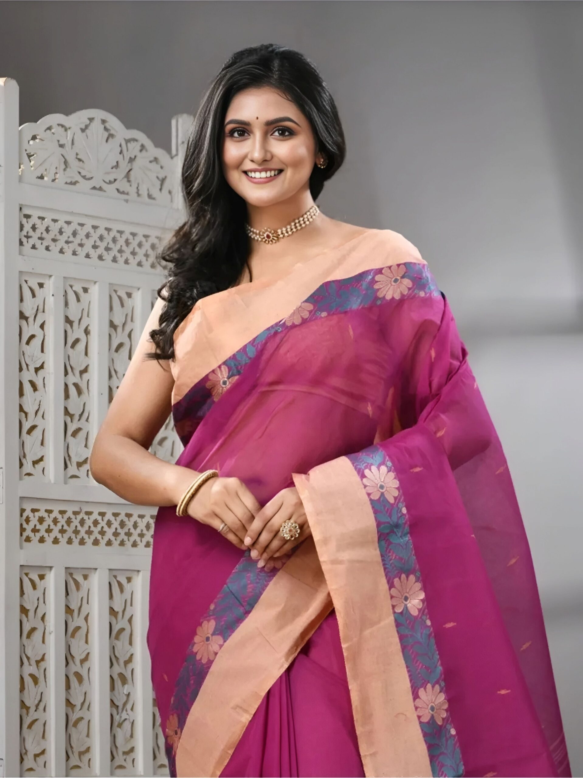 Authentic Phulia Handloom Magenta Tant Cotton Saree with Peach Floral Border | Sutayan