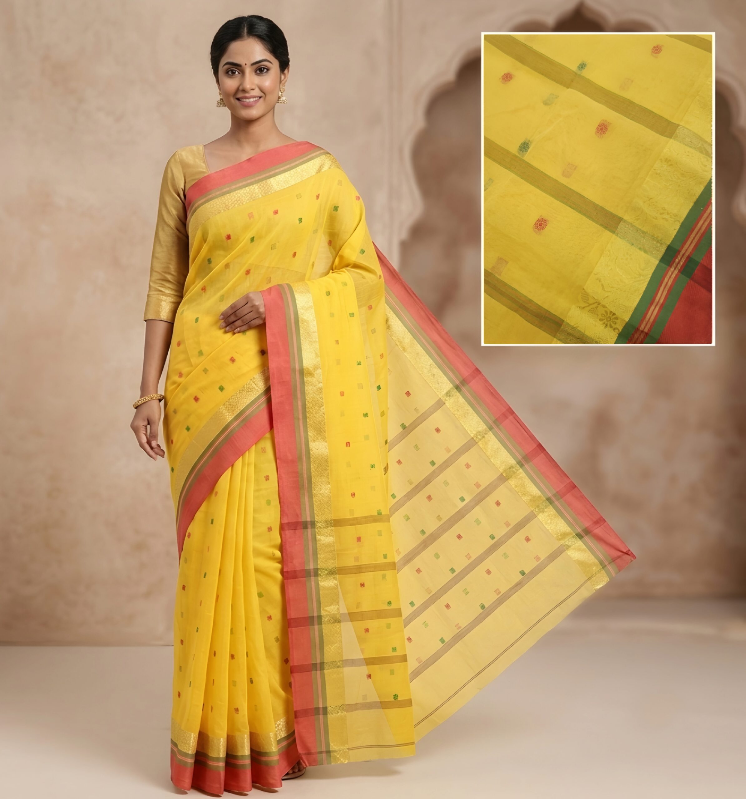Pure Bengal Handloom Yellow Cotton Tant Saree with Pink Zari Border (Without Blouse Piece)  .Sutayan