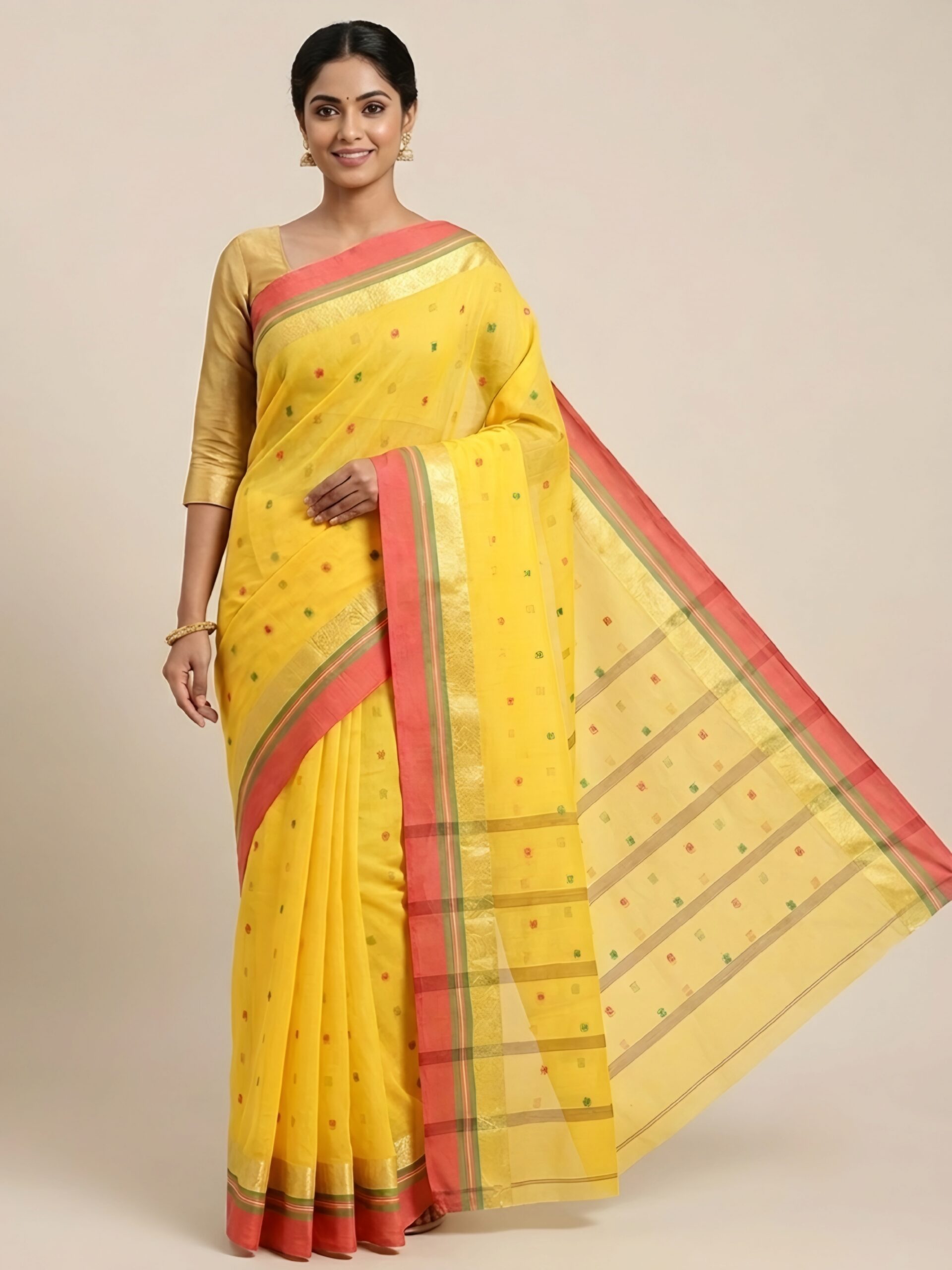Pure Bengal Handloom Yellow Cotton Tant Saree with Pink Zari Border (Without Blouse Piece)  .Sutayan