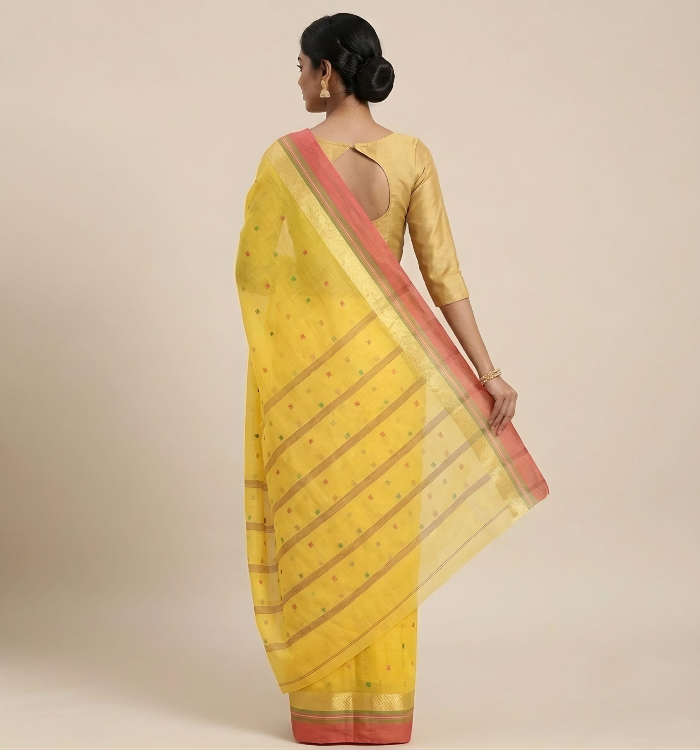 Pure Bengal Handloom Yellow Cotton Tant Saree with Pink Zari Border (Without Blouse Piece)  .Sutayan