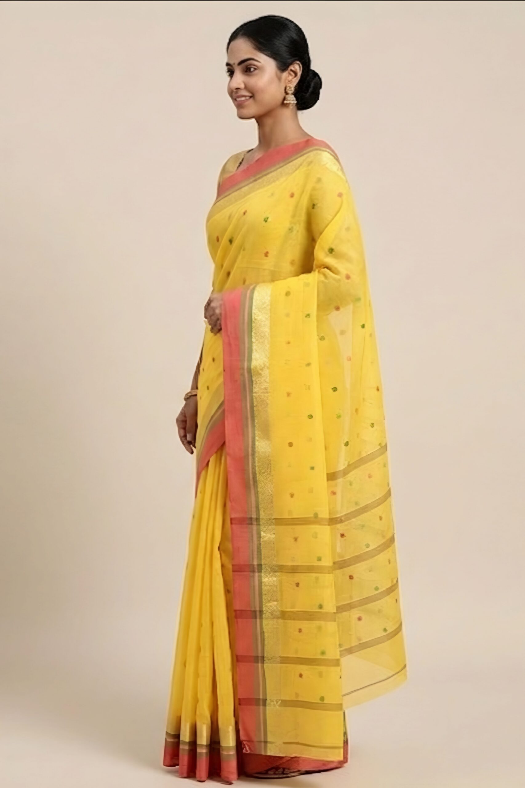 Pure Bengal Handloom Yellow Cotton Tant Saree with Pink Zari Border (Without Blouse Piece)  .Sutayan