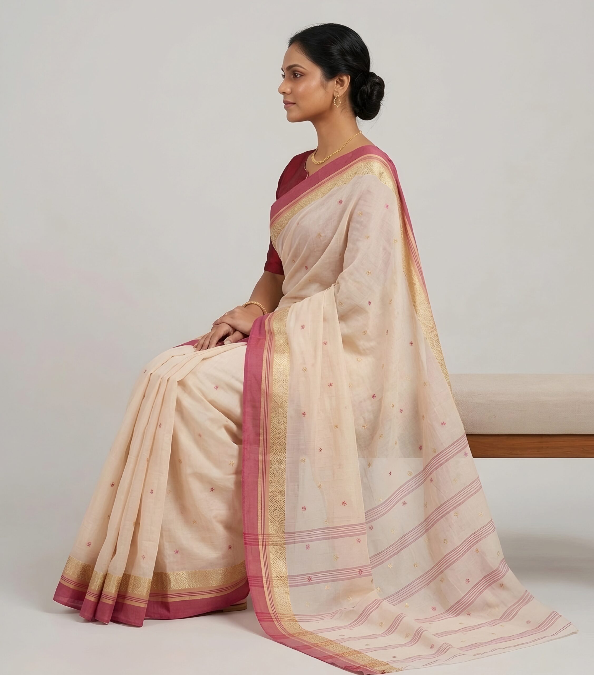Authentic Phulia Handloom Off-White Cotton Tant Saree with Pink Zari Border (Without Blouse Piece) | Sutayan