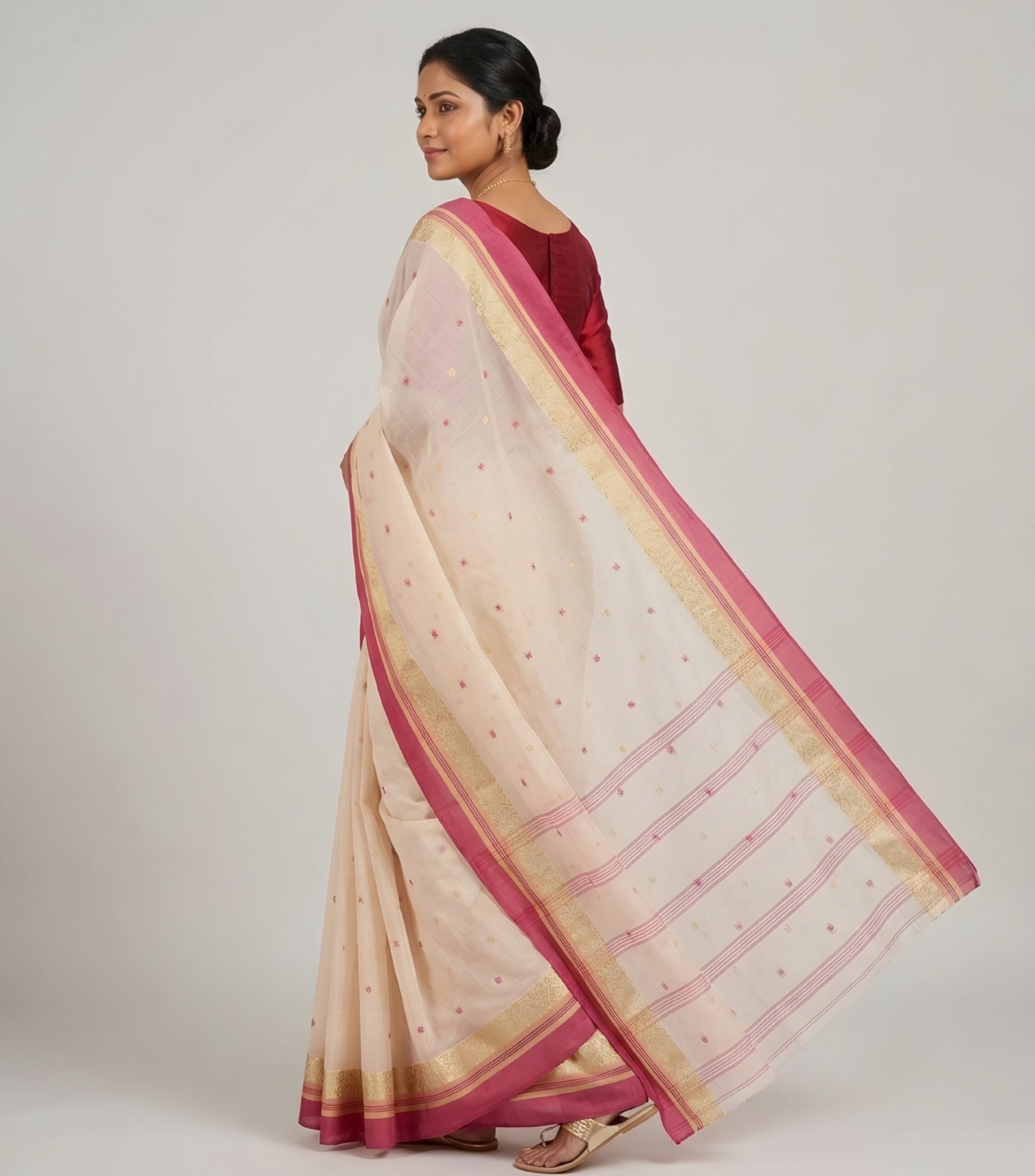 Authentic Phulia Handloom Off-White Cotton Tant Saree with Pink Zari Border (Without Blouse Piece) | Sutayan
