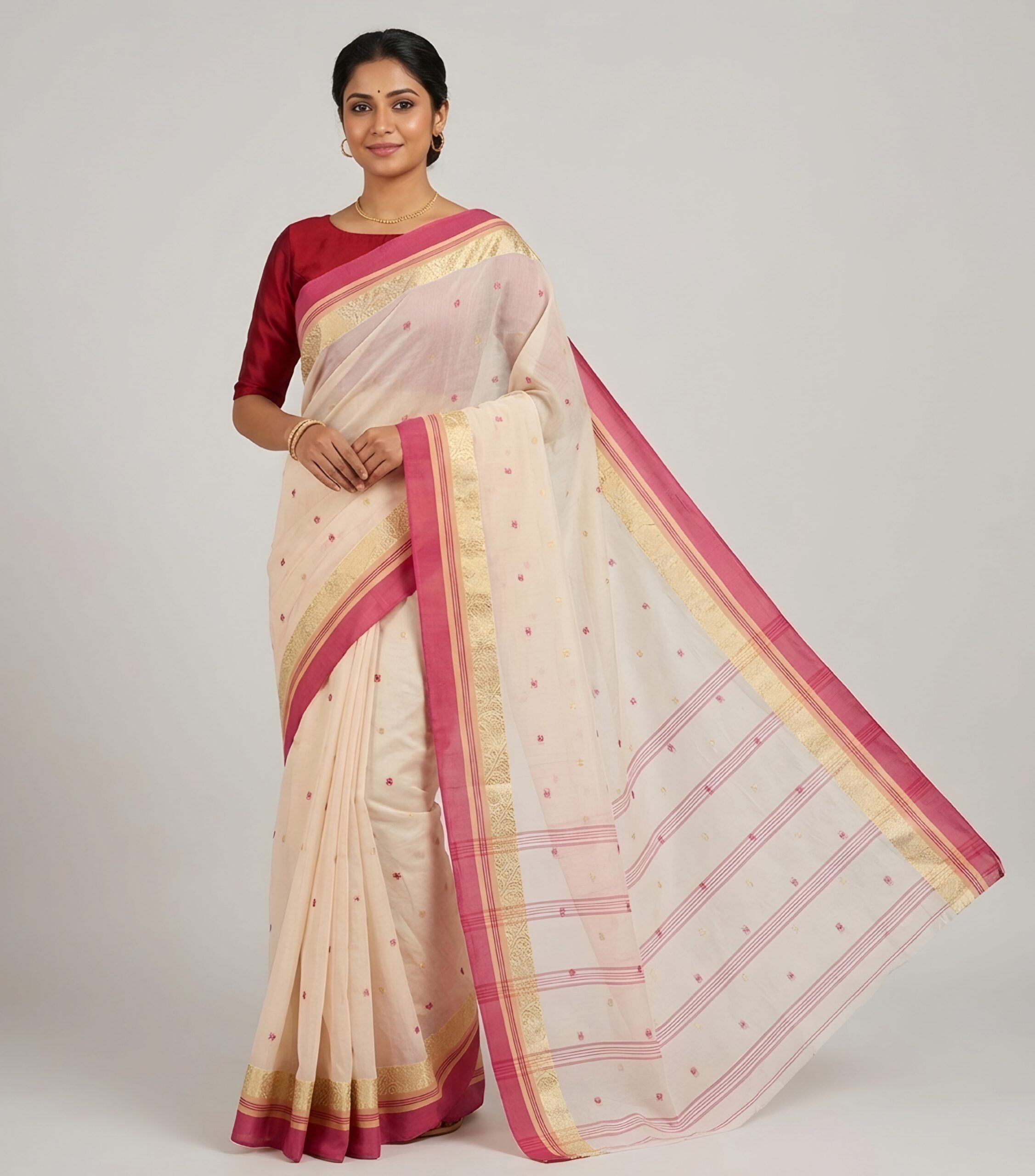 Authentic Phulia Handloom Off-White Cotton Tant Saree with Pink Zari Border (Without Blouse Piece) | Sutayan