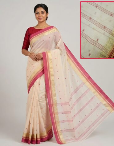 Authentic Phulia Handloom Off-White Cotton Tant Saree with Pink Zari Border (Without Blouse Piece) | Sutayan
