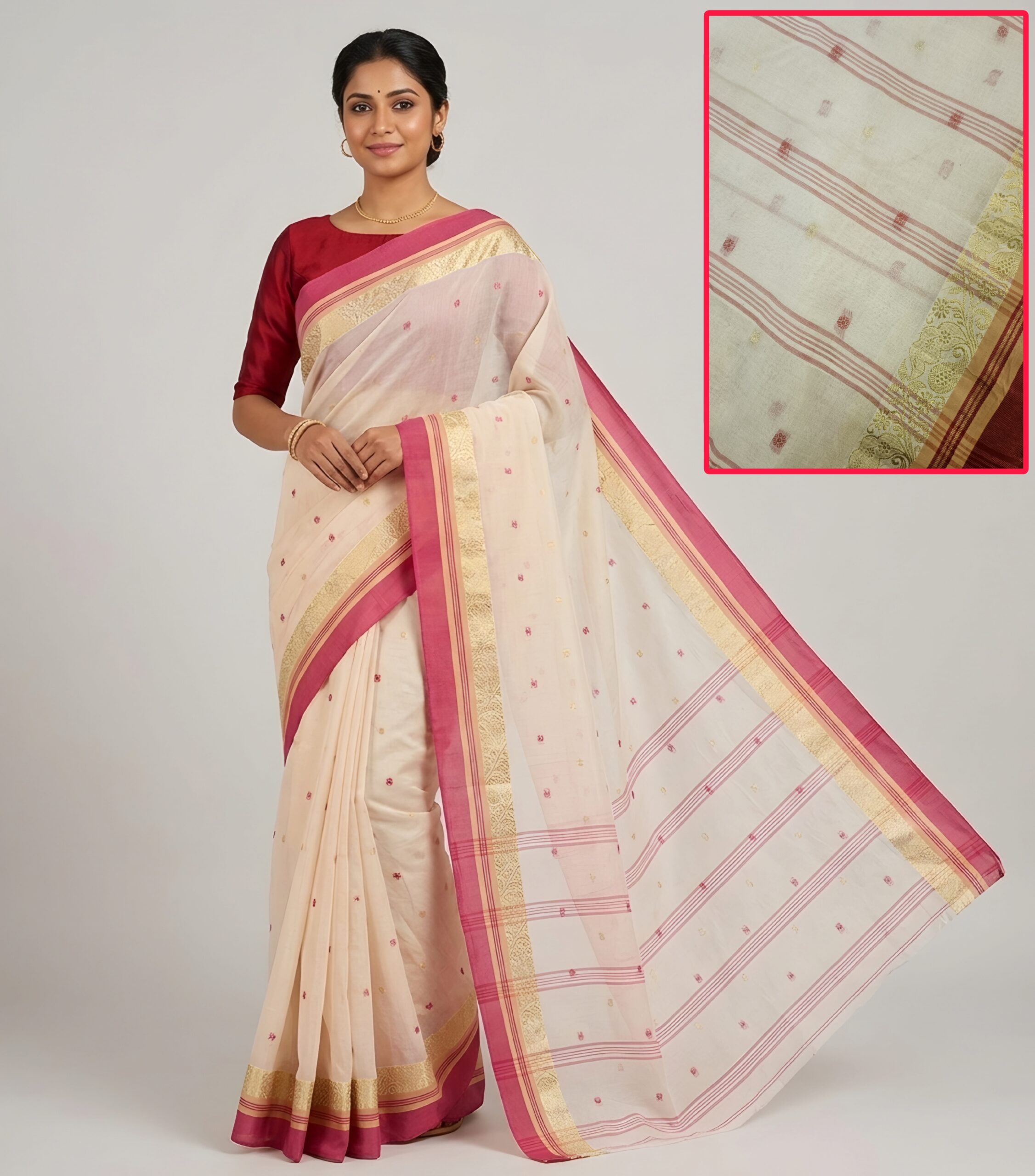 Authentic Phulia Handloom Off-White Cotton Tant Saree with Pink Zari Border (Without Blouse Piece) | Sutayan
