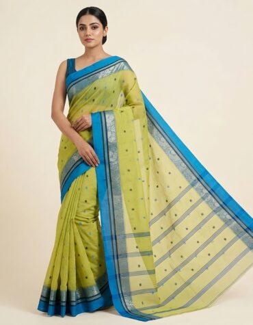 Authentic Light Green Phulia Handloom Cotton Tant Saree with Blue Zari Border (Without Blouse Piece) | Sutayan
