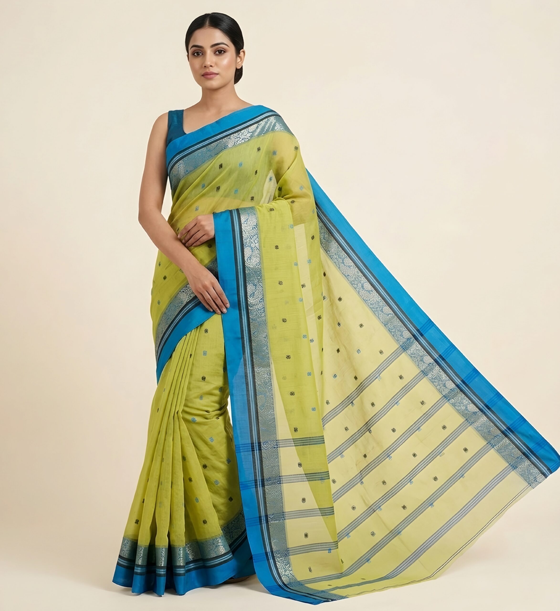 Authentic Light Green Phulia Handloom Cotton Tant Saree with Blue Zari Border (Without Blouse Piece) | Sutayan