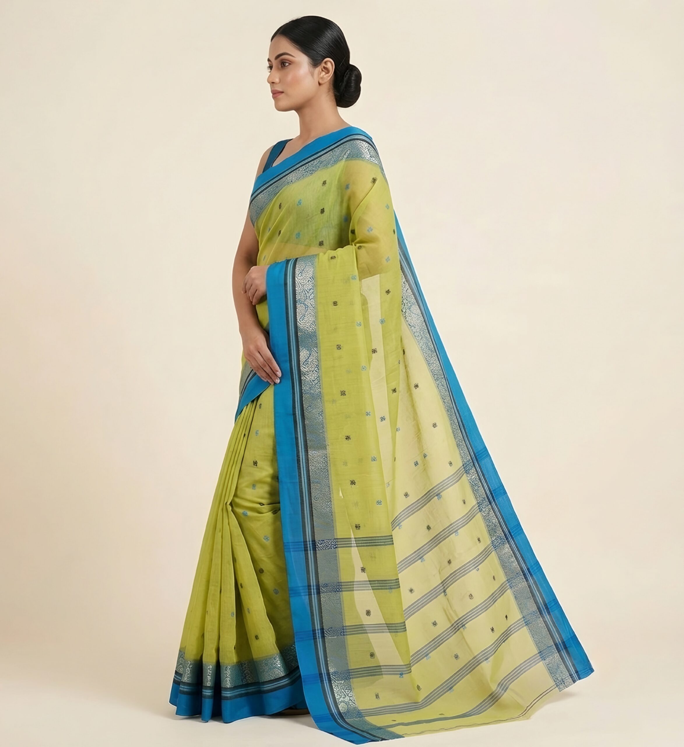 Authentic Light Green Phulia Handloom Cotton Tant Saree with Blue Zari Border (Without Blouse Piece) | Sutayan