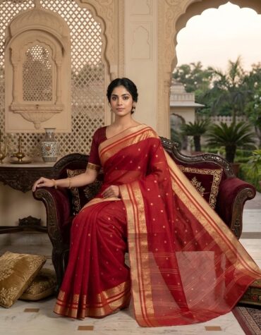 Rich Red Bengal Handloom Tant Cotton Saree with Gold Zari Paisley Border(Without Blouse Piece) | Sutayan (Without Blouse Piece)