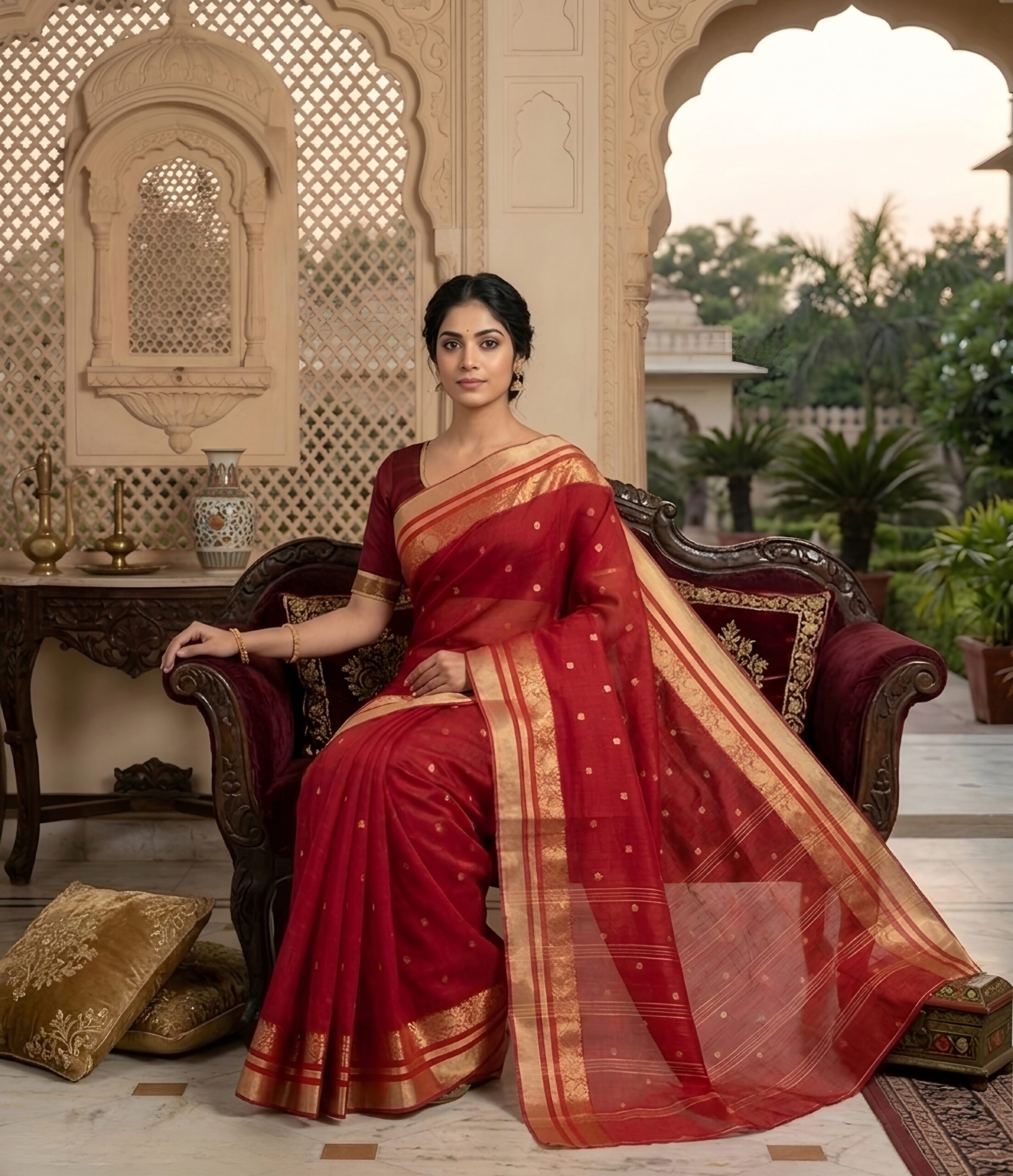 Rich Red Bengal Handloom Tant Cotton Saree with Gold Zari Paisley Border(Without Blouse Piece) | Sutayan (Without Blouse Piece)