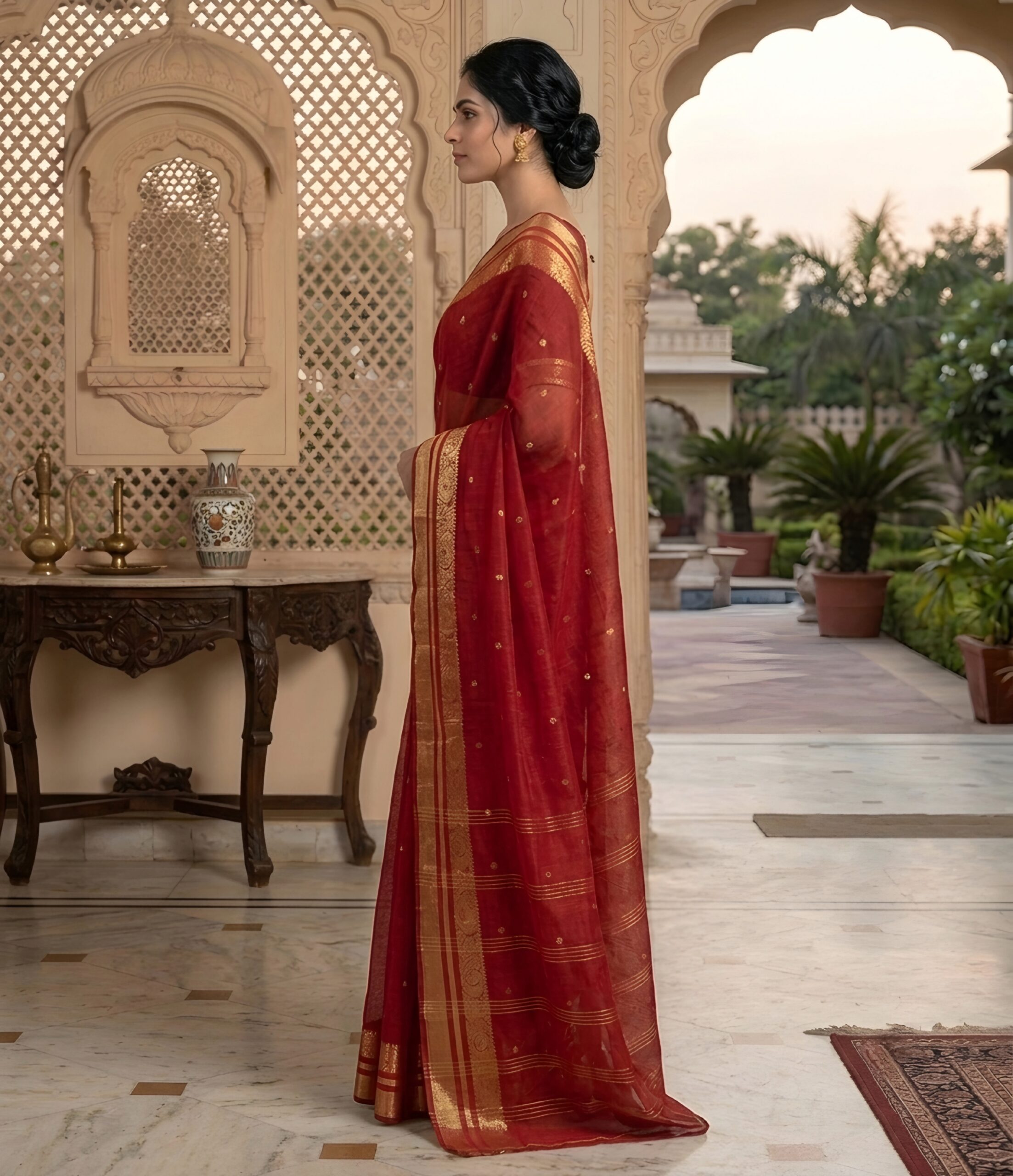 Rich Red Bengal Handloom Tant Cotton Saree with Gold Zari Paisley Border(Without Blouse Piece) | Sutayan (Without Blouse Piece)