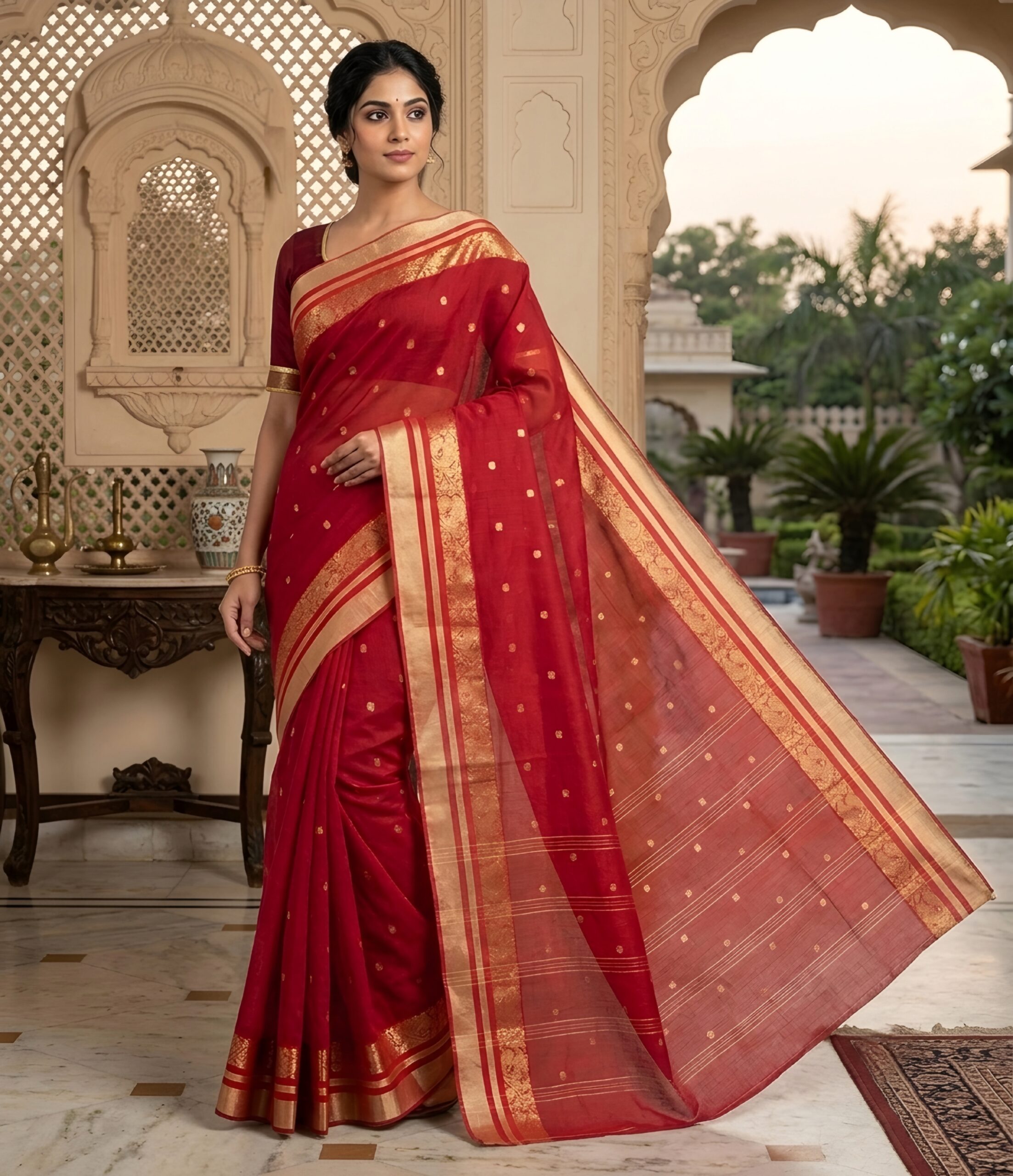 Rich Red Bengal Handloom Tant Cotton Saree with Gold Zari Paisley Border(Without Blouse Piece) | Sutayan (Without Blouse Piece)