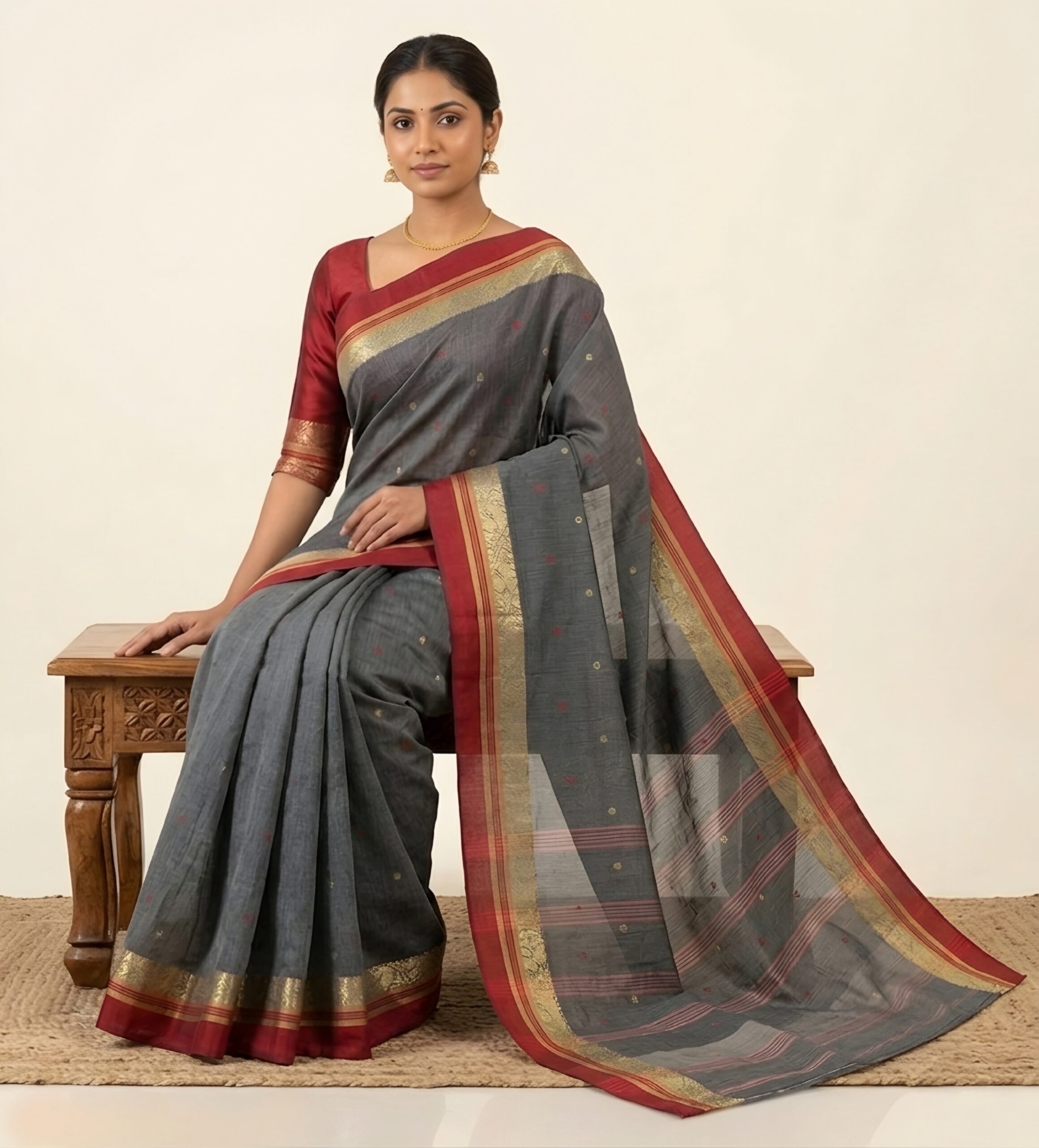 Authentic Phulia Handloom Grey Cotton Tant Saree with Maroon Zari Border  (Without Blouse Piece)| Sutayan