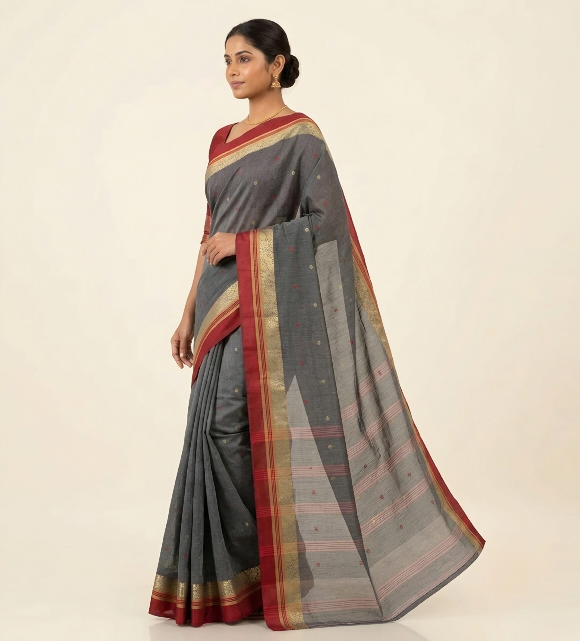 Authentic Phulia Handloom Grey Cotton Tant Saree with Maroon Zari Border  (Without Blouse Piece)| Sutayan