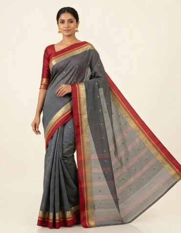 Authentic Phulia Handloom Grey Cotton Tant Saree with Maroon Zari Border (Without Blouse Piece)| Sutayan