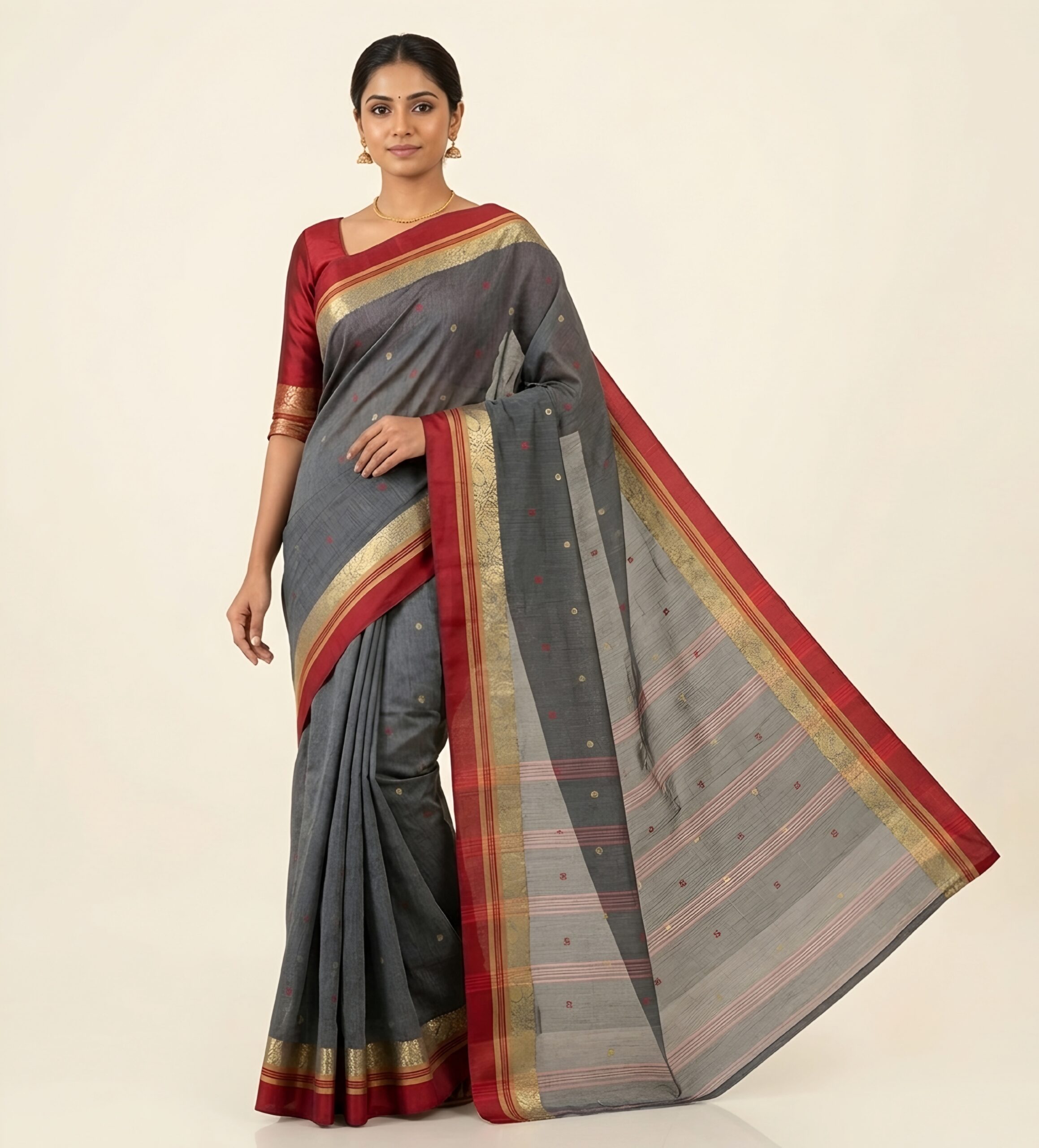 Authentic Phulia Handloom Grey Cotton Tant Saree with Maroon Zari Border  (Without Blouse Piece)| Sutayan