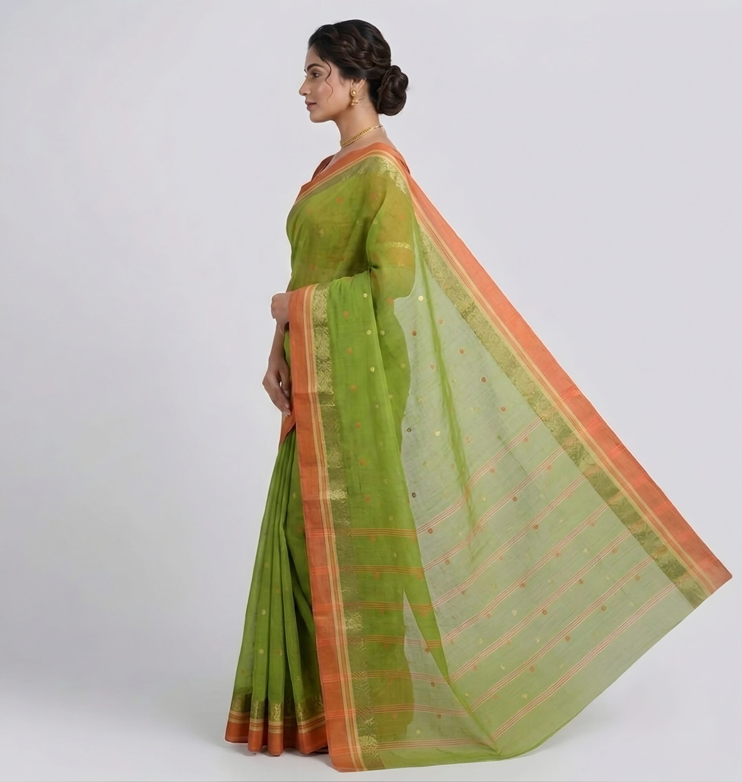 Authentic Phulia Handloom Leaf Green Cotton Tant Saree with Orange Zari Border  (Without Blouse Piece)| Sutayan