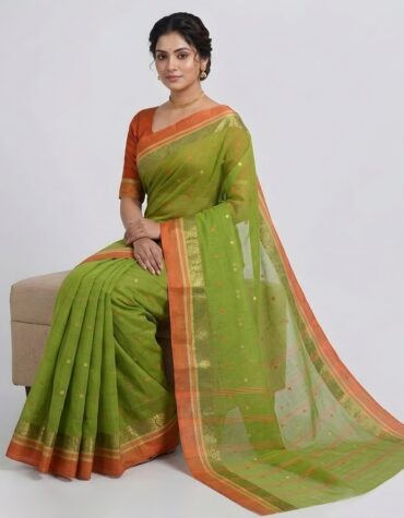 Authentic Phulia Handloom Leaf Green Cotton Tant Saree with Orange Zari Border (Without Blouse Piece)| Sutayan