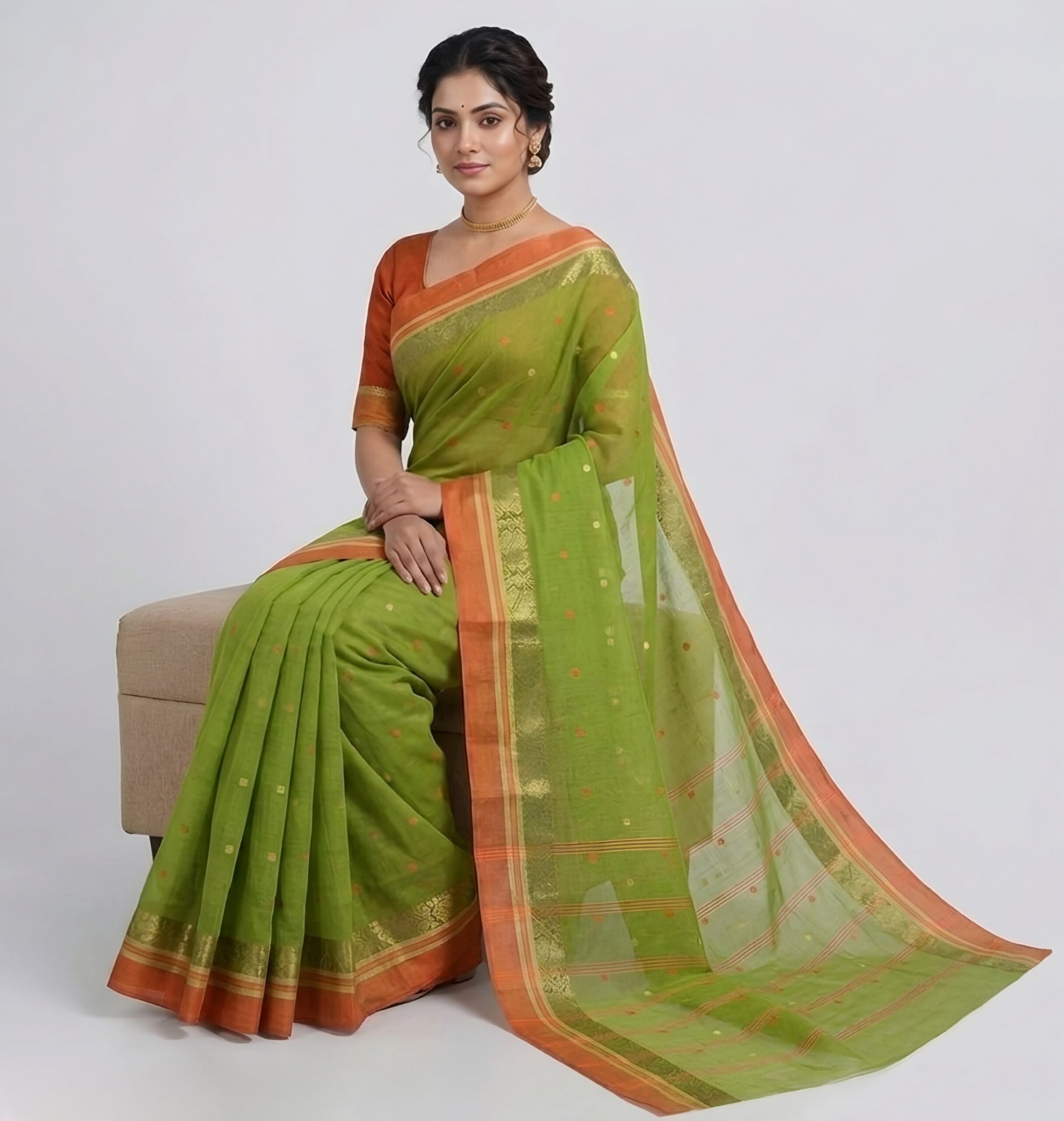 Authentic Phulia Handloom Leaf Green Cotton Tant Saree with Orange Zari Border  (Without Blouse Piece)| Sutayan