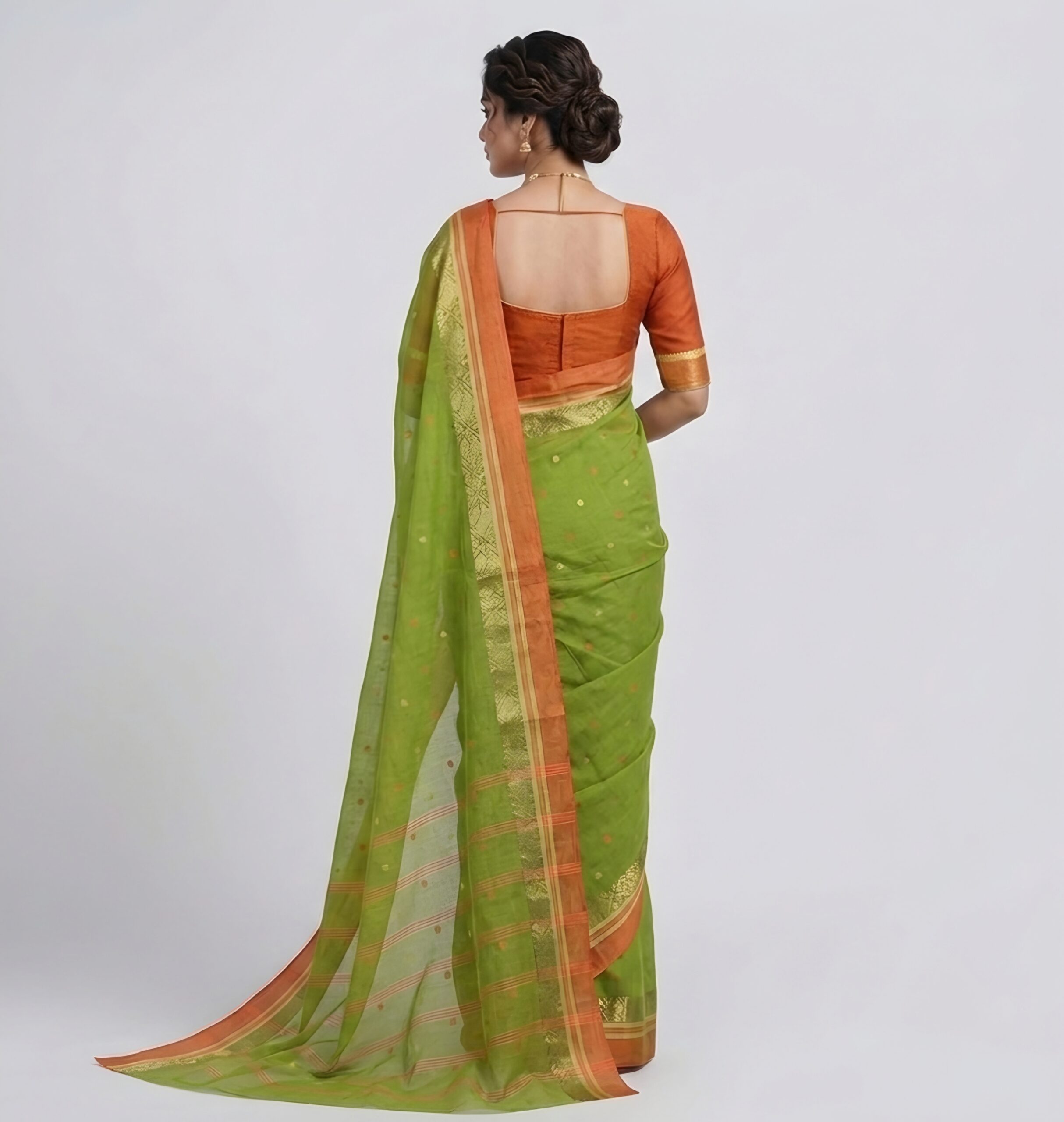 Authentic Phulia Handloom Leaf Green Cotton Tant Saree with Orange Zari Border  (Without Blouse Piece)| Sutayan