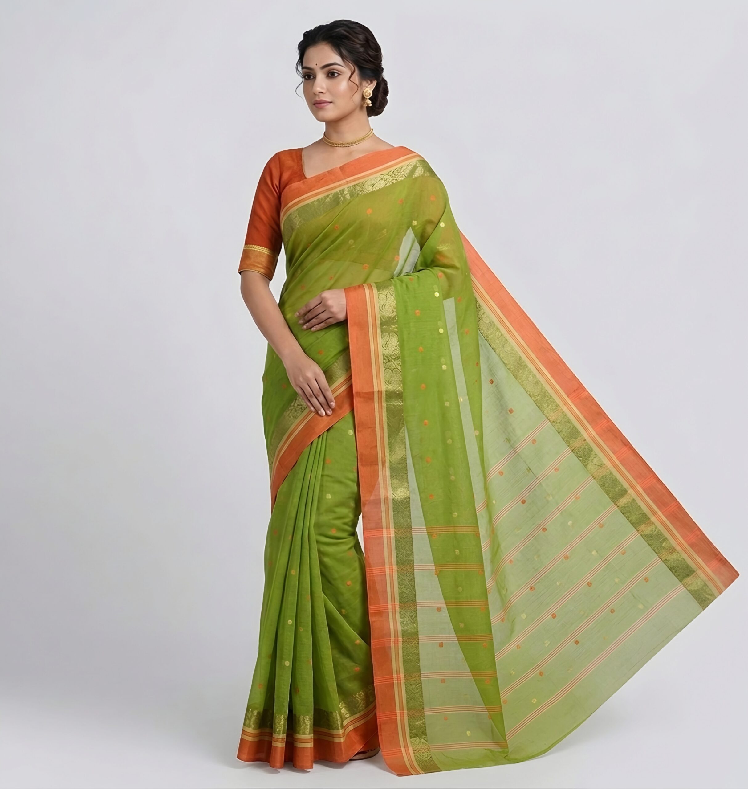 Authentic Phulia Handloom Leaf Green Cotton Tant Saree with Orange Zari Border  (Without Blouse Piece)| Sutayan