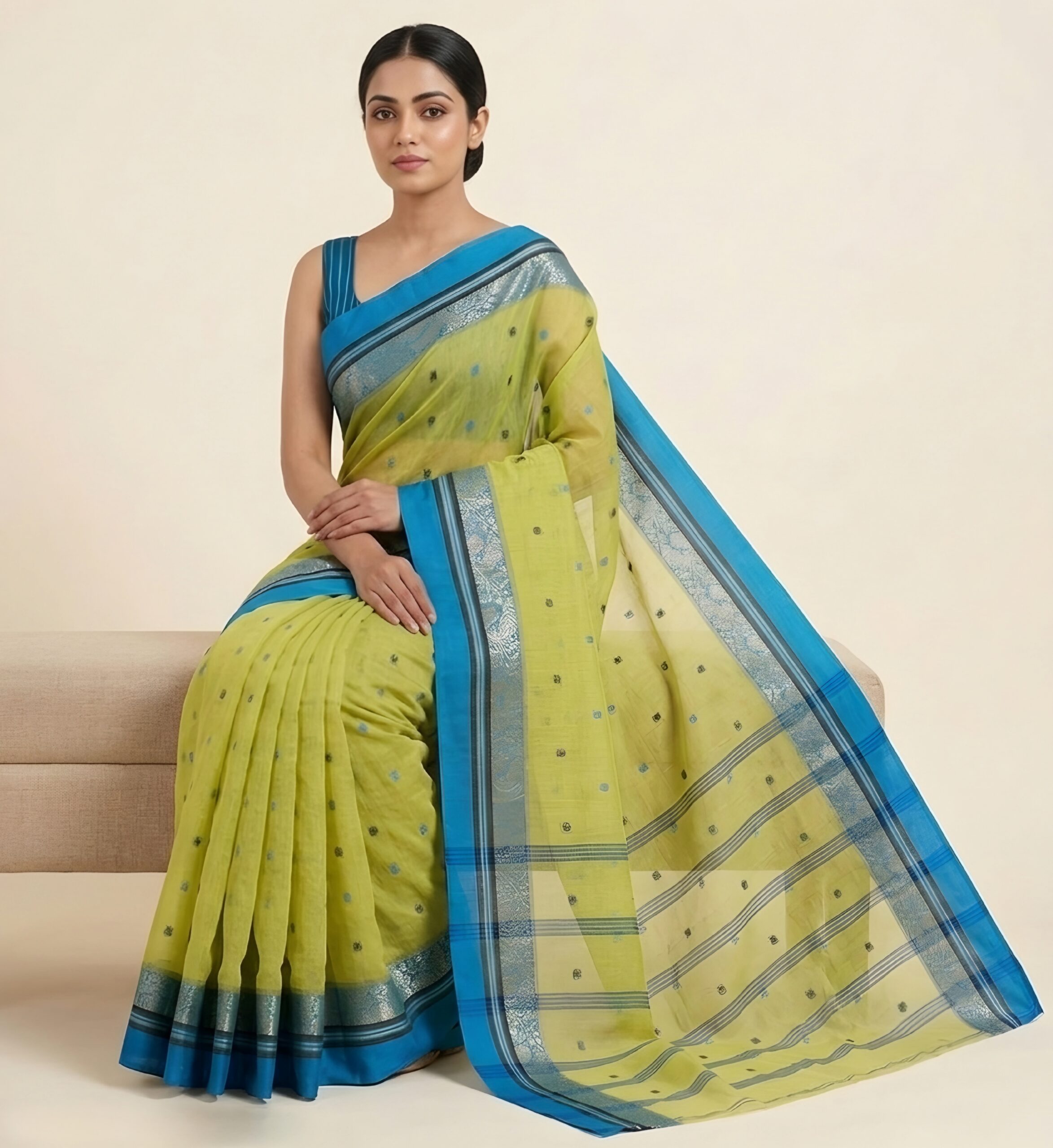 Authentic Light Green Phulia Handloom Cotton Tant Saree with Blue Zari Border (Without Blouse Piece) | Sutayan