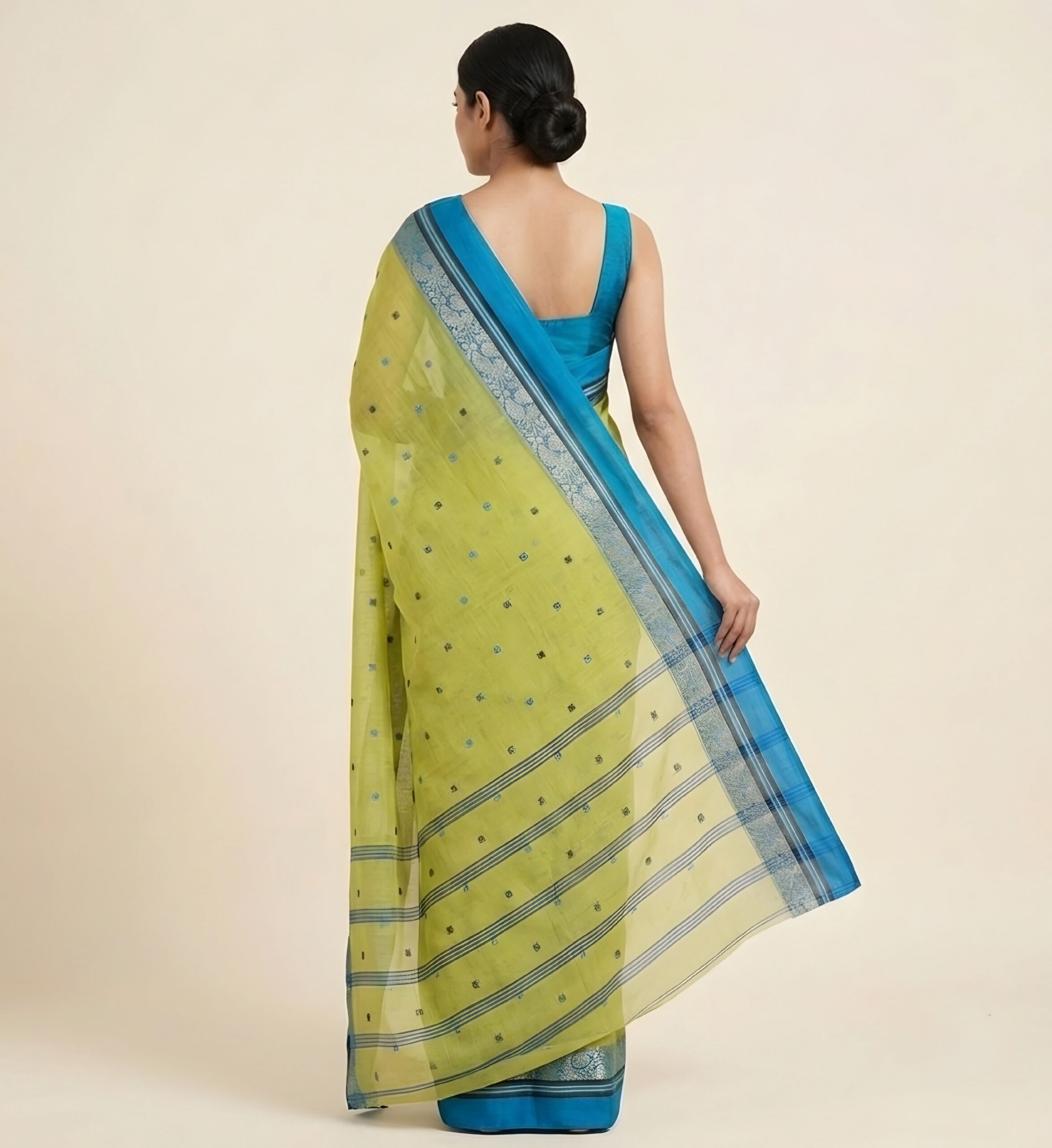 Authentic Light Green Phulia Handloom Cotton Tant Saree with Blue Zari Border (Without Blouse Piece) | Sutayan