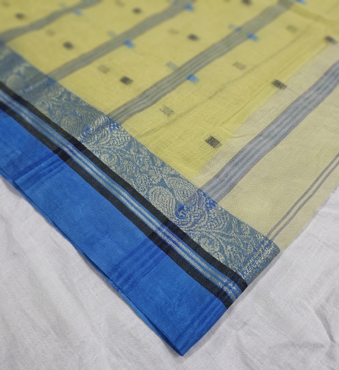 Authentic Light Green Phulia Handloom Cotton Tant Saree with Blue Zari Border (Without Blouse Piece) | Sutayan