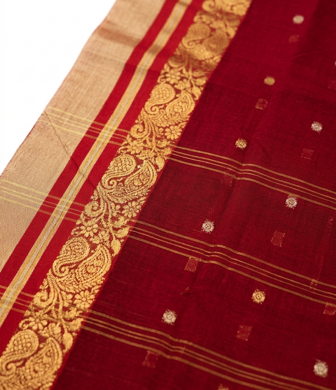 Rich Red Bengal Handloom Tant Cotton Saree with Gold Zari Paisley Border(Without Blouse Piece) | Sutayan (Without Blouse Piece)