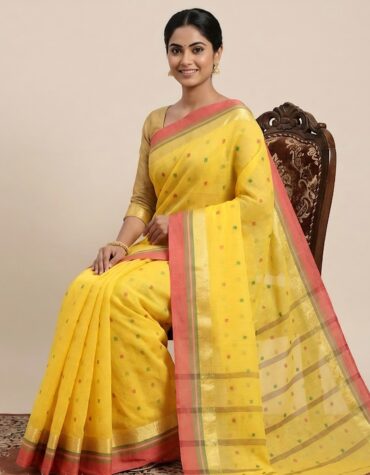 Pure Bengal Handloom Yellow Cotton Tant Saree with Pink Zari Border (Without Blouse Piece) .Sutayan