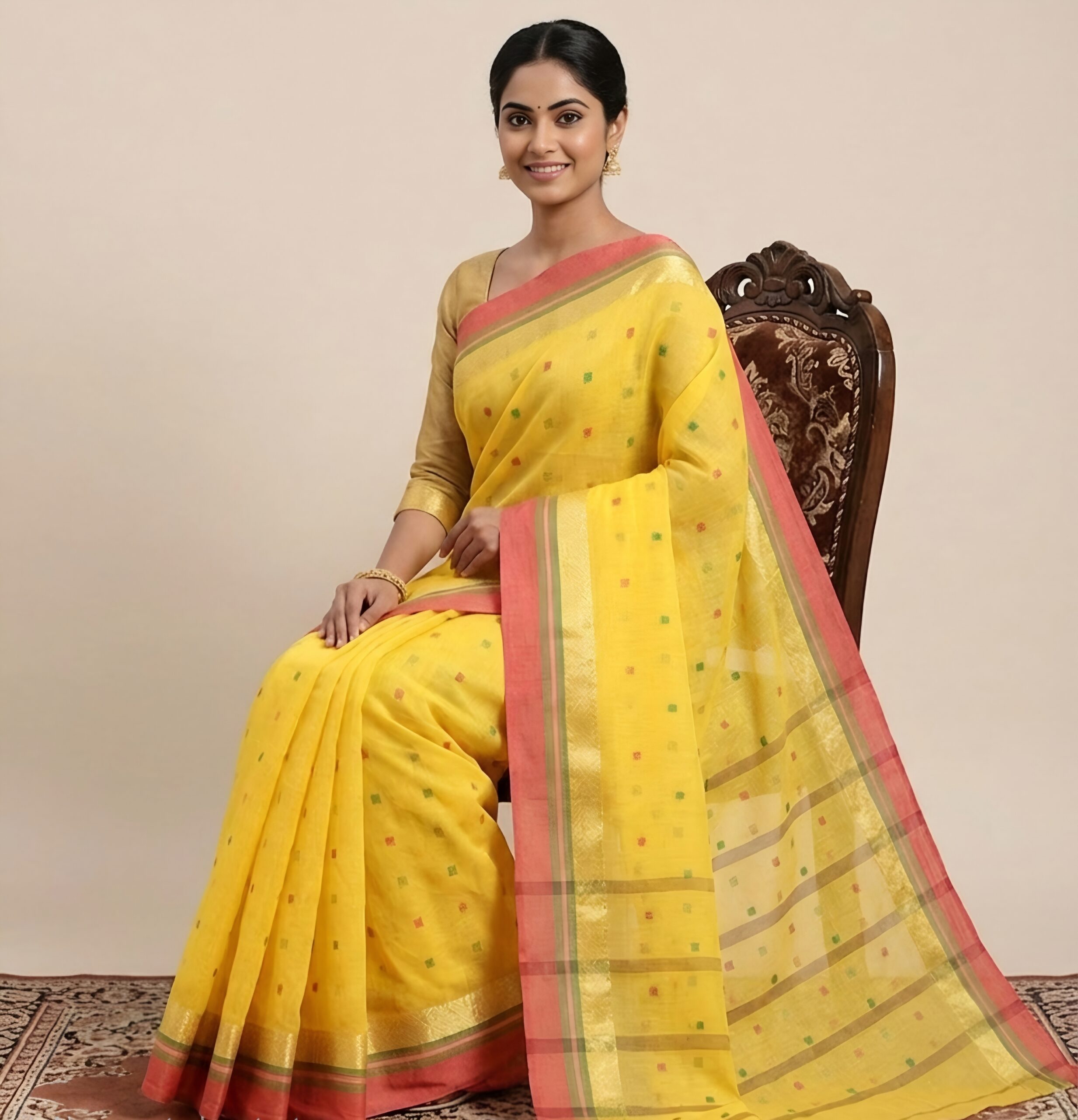 Pure Bengal Handloom Yellow Cotton Tant Saree with Pink Zari Border (Without Blouse Piece)  .Sutayan