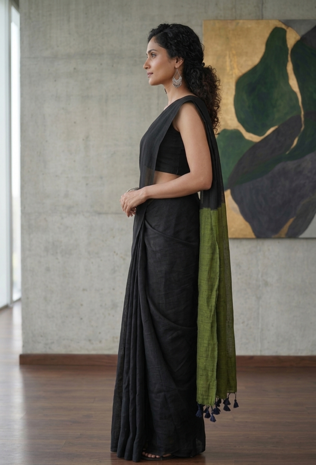 Elegant Black & Olive Green Khadi Cotton Saree with Running Blouse