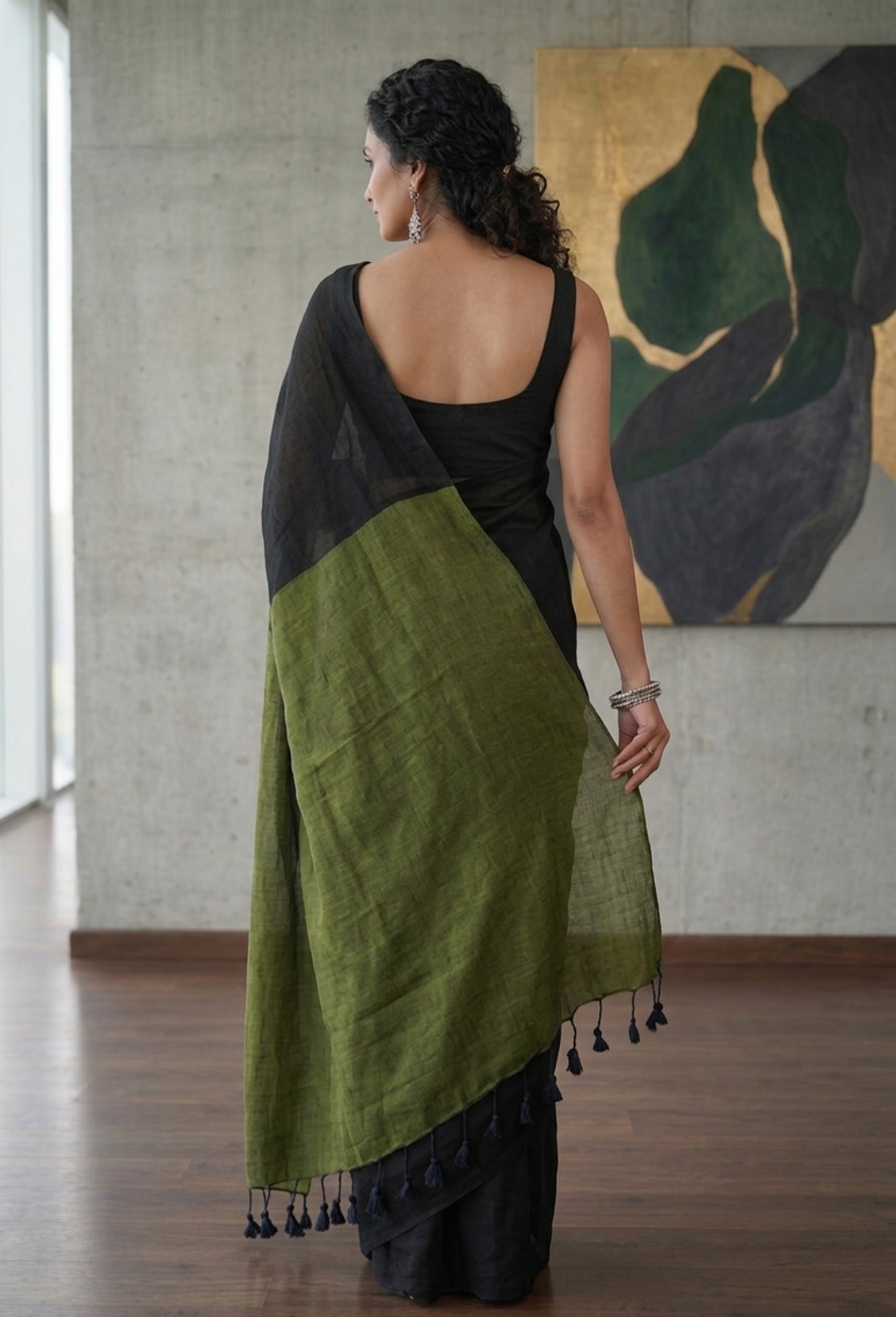 Elegant Black & Olive Green Khadi Cotton Saree with Running Blouse