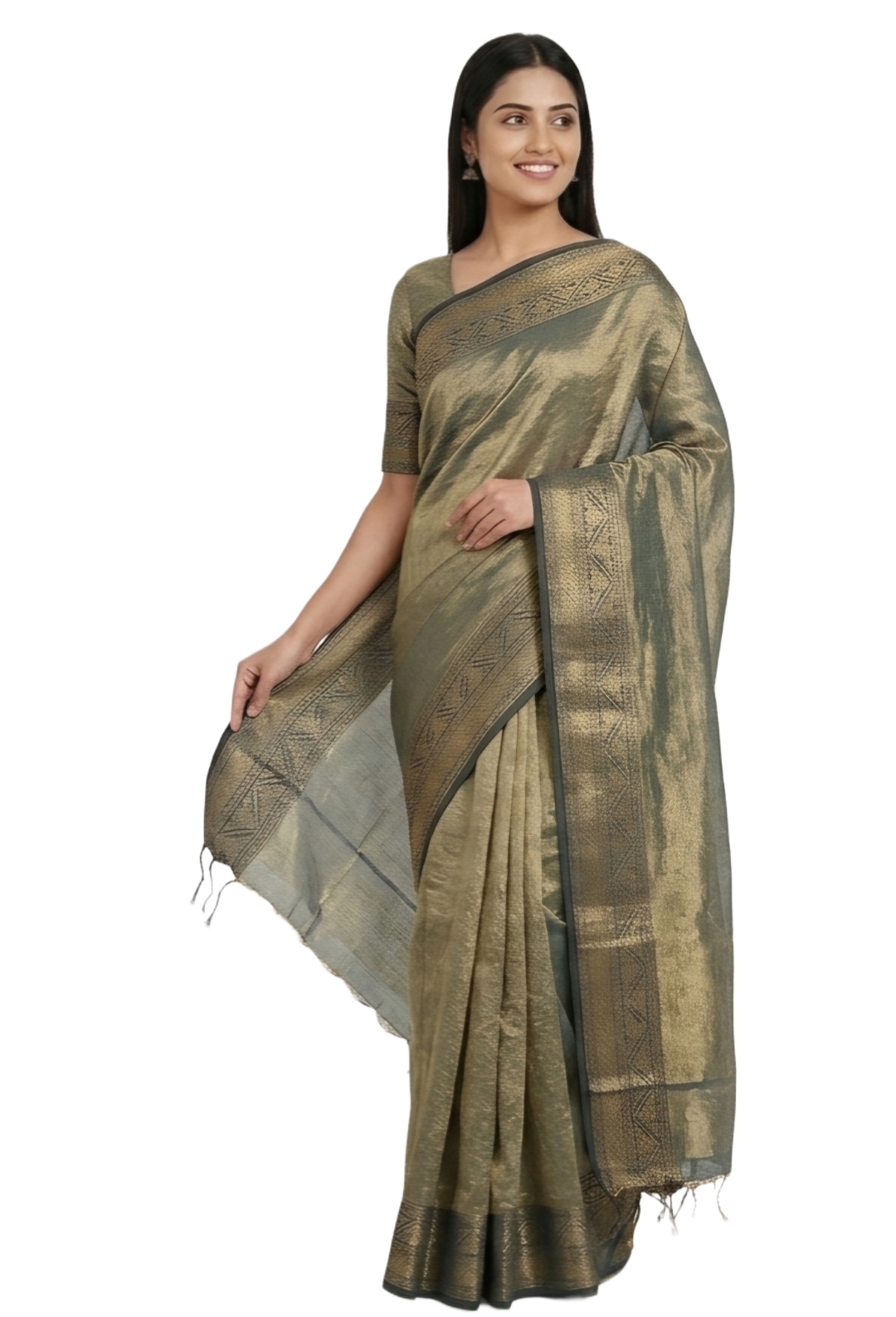 Elegant Tissue Saree with Blouse Piece - Festive Green & Gold