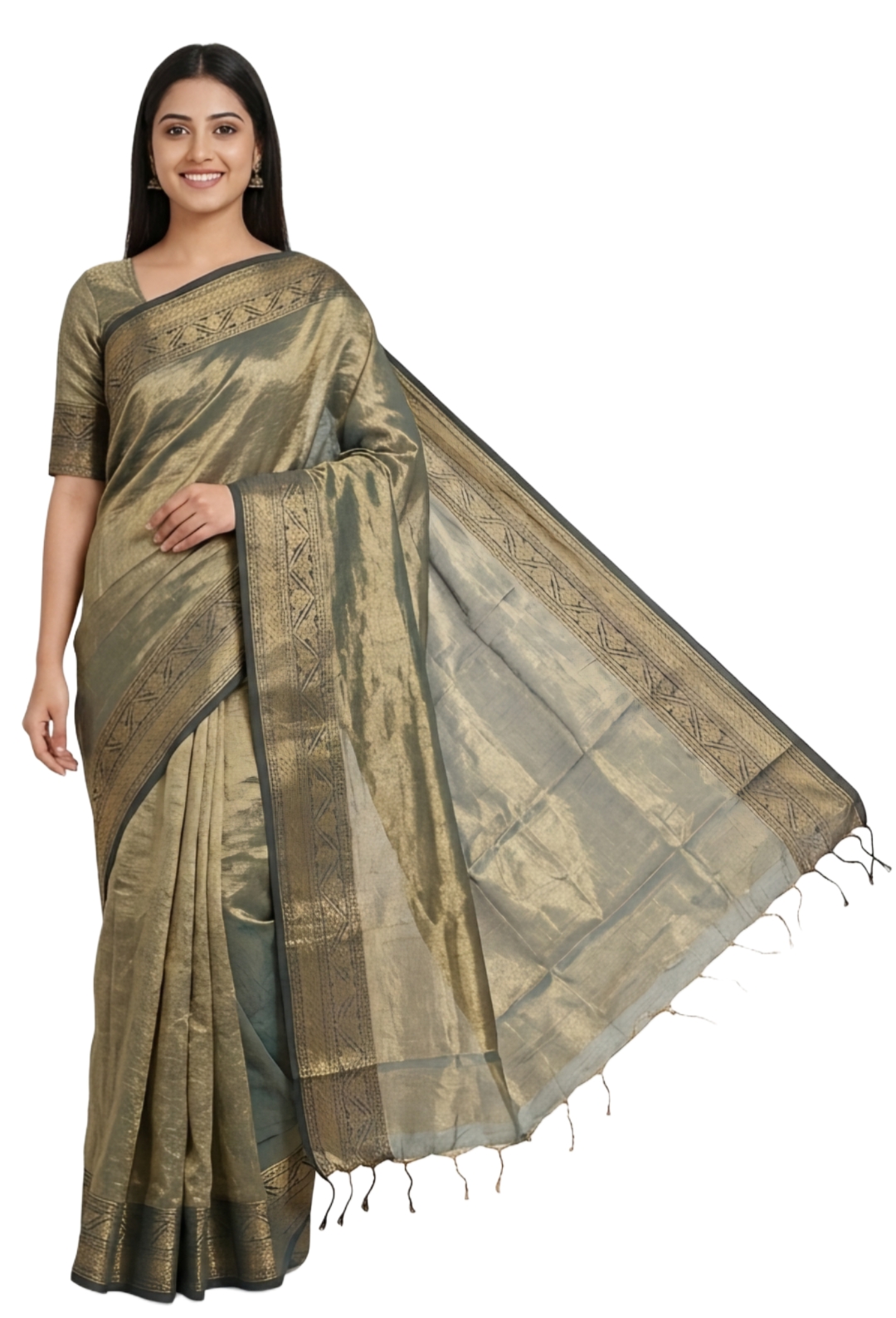 olive green tissue saree