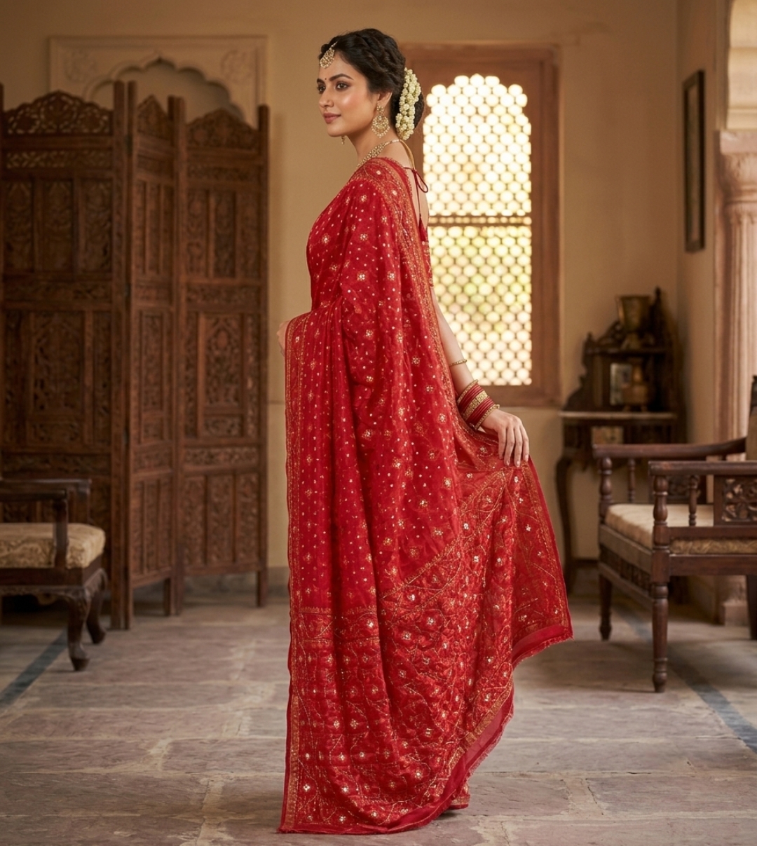 Red Handcrafted Kardana Jamdani Saree without Blouse Piece