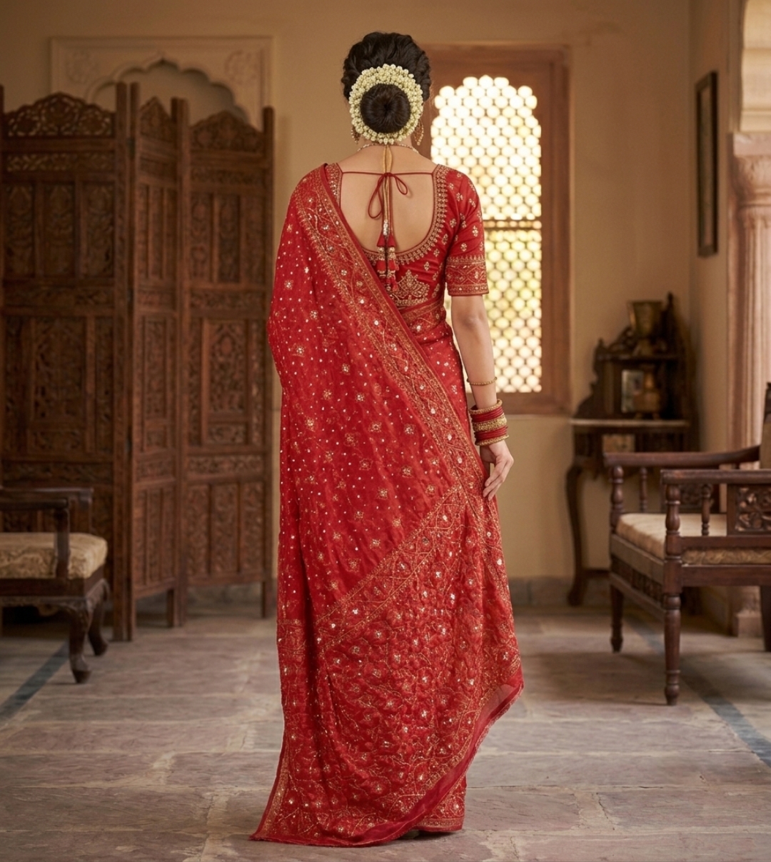 Red Handcrafted Kardana Jamdani Saree without Blouse Piece